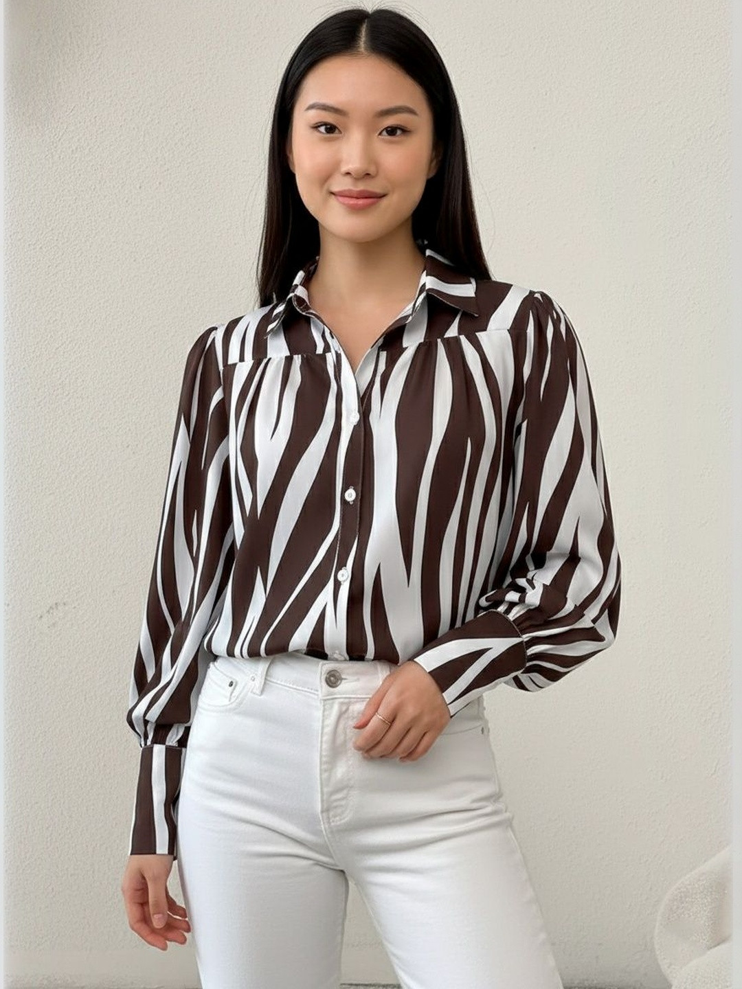 GENZILOOKS Animal Print Bishop Sleeves Top