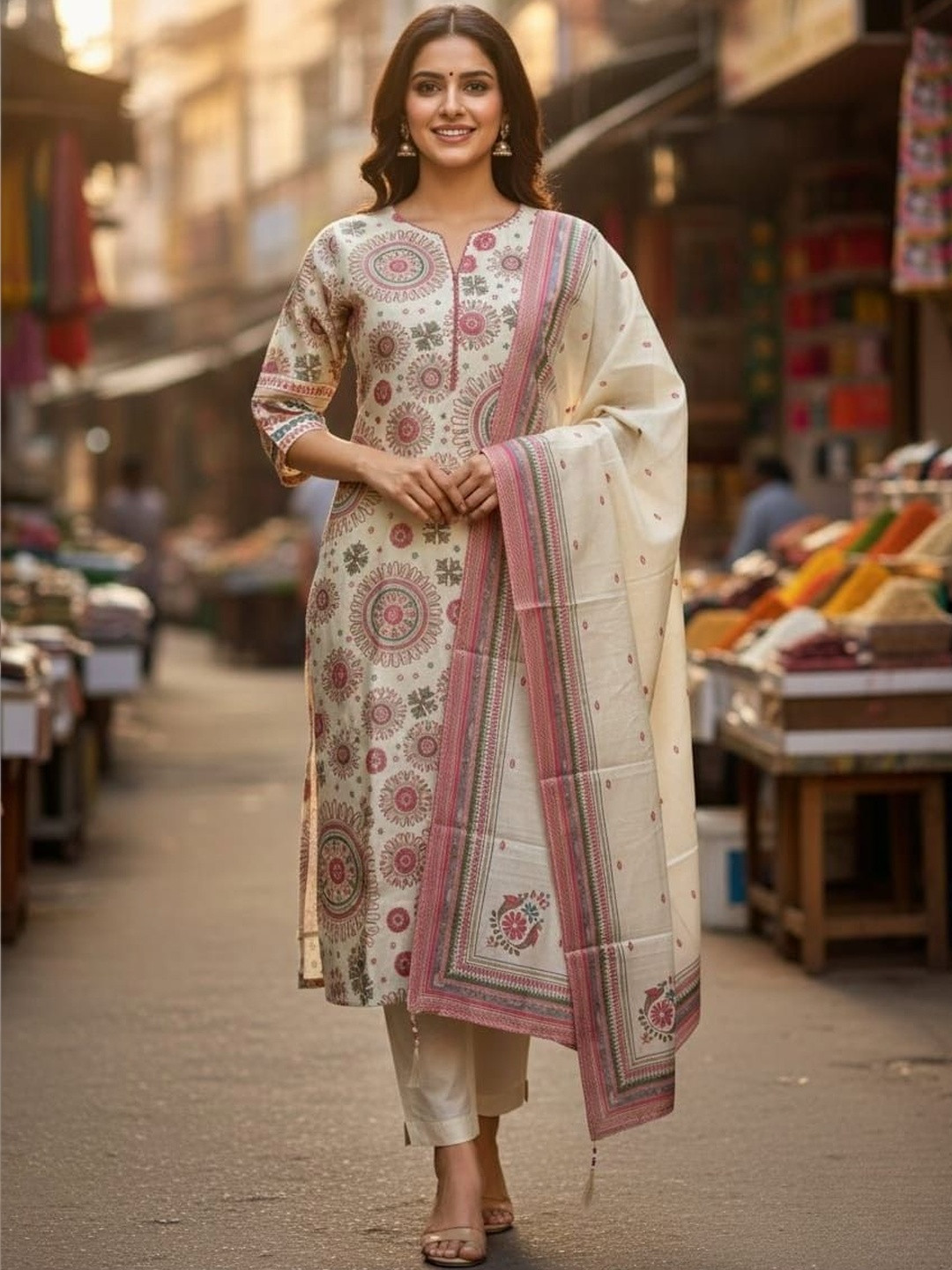 Geetha Creation Women Ethnic Motifs Printed Regular Kurta with Trousers & With Dupatta