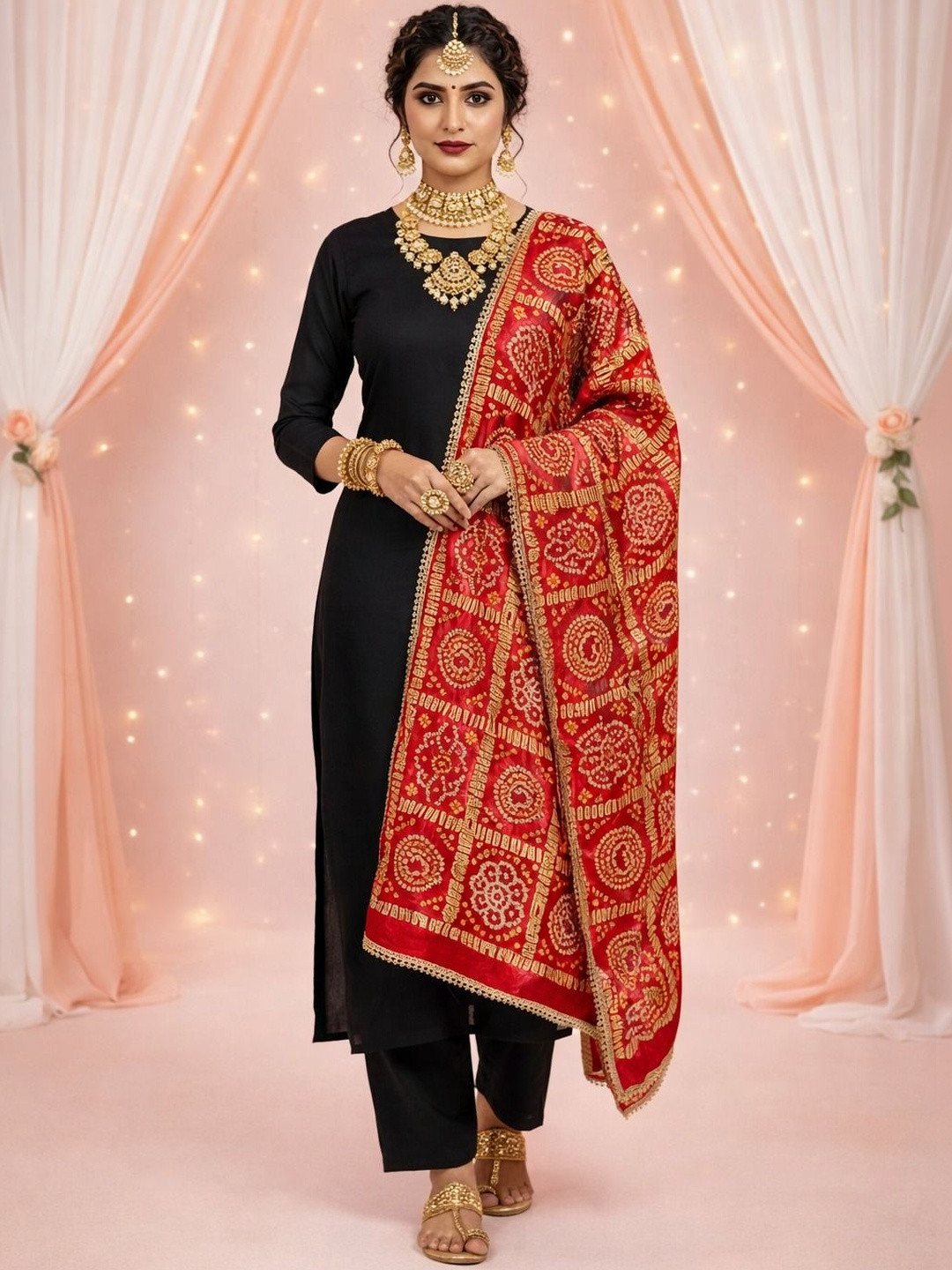 YUGAVEERAA Ethnic Motifs Printed Bandhani Dupatta with Gotta Patti