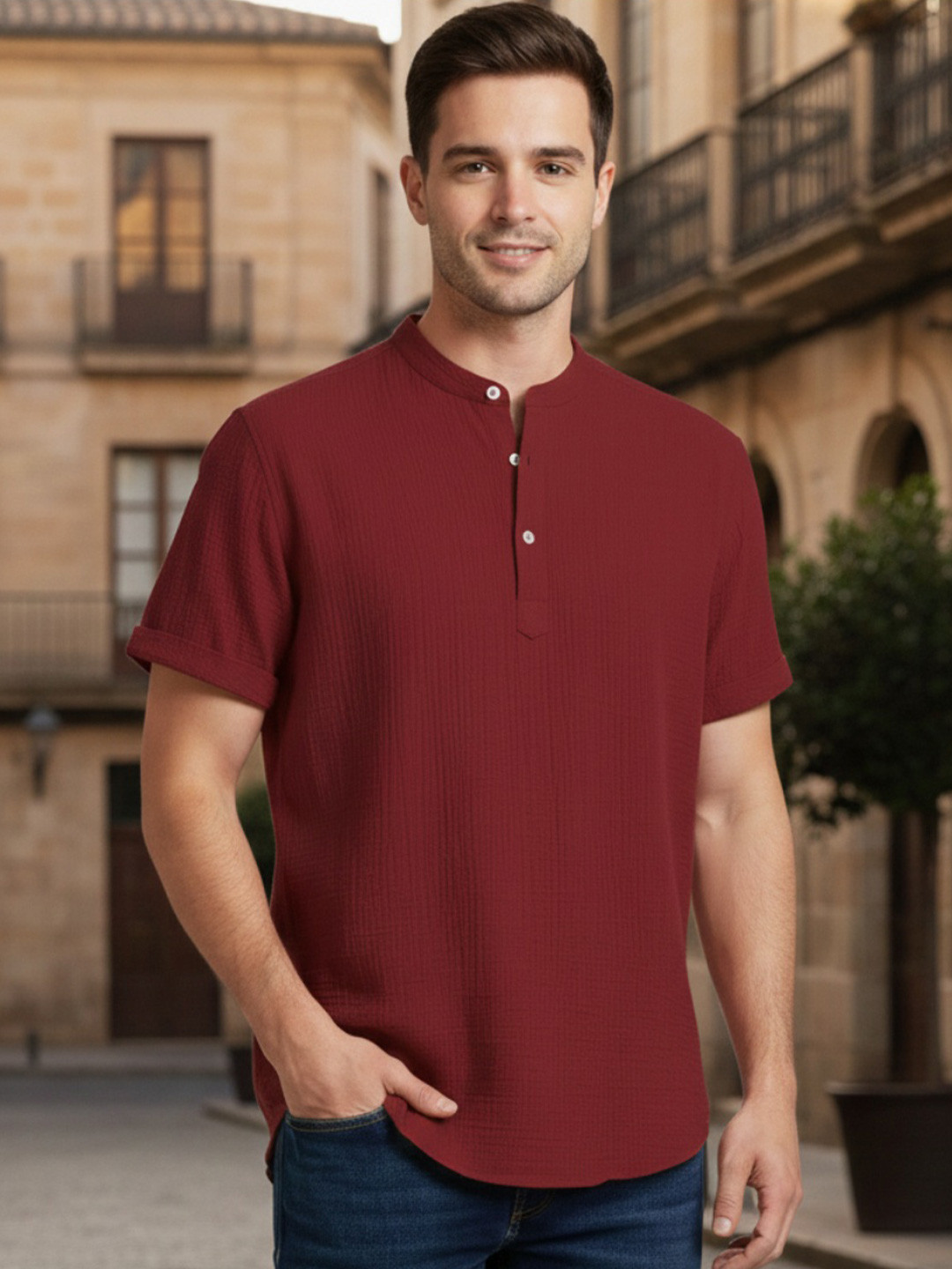 GENZILOOKS Men Henley Neck Roll-Up Sleeves Organic Cotton T-shirt