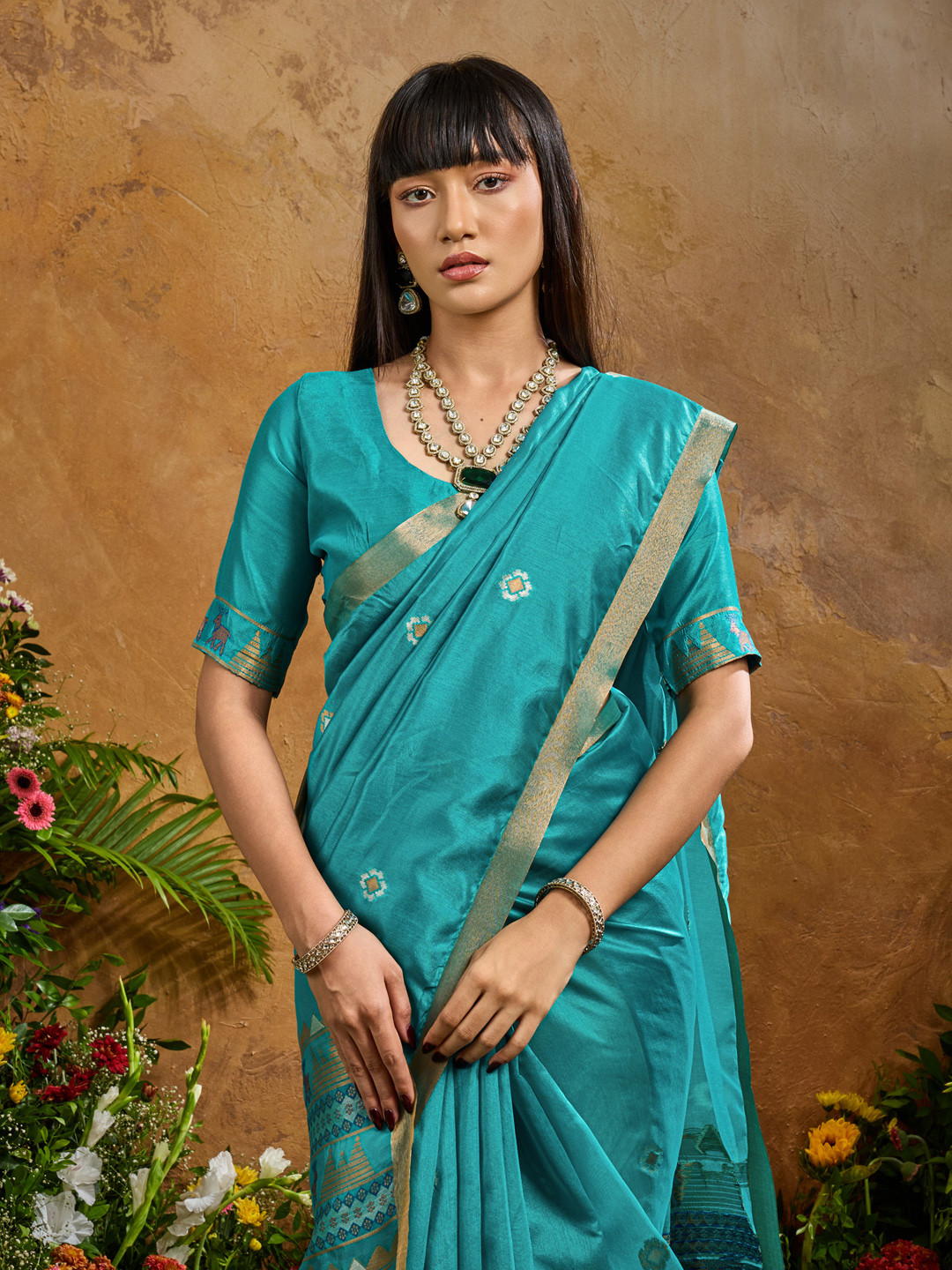 Sangria Ethnic Motifs Woven Design Saree with Unstitched Blouse