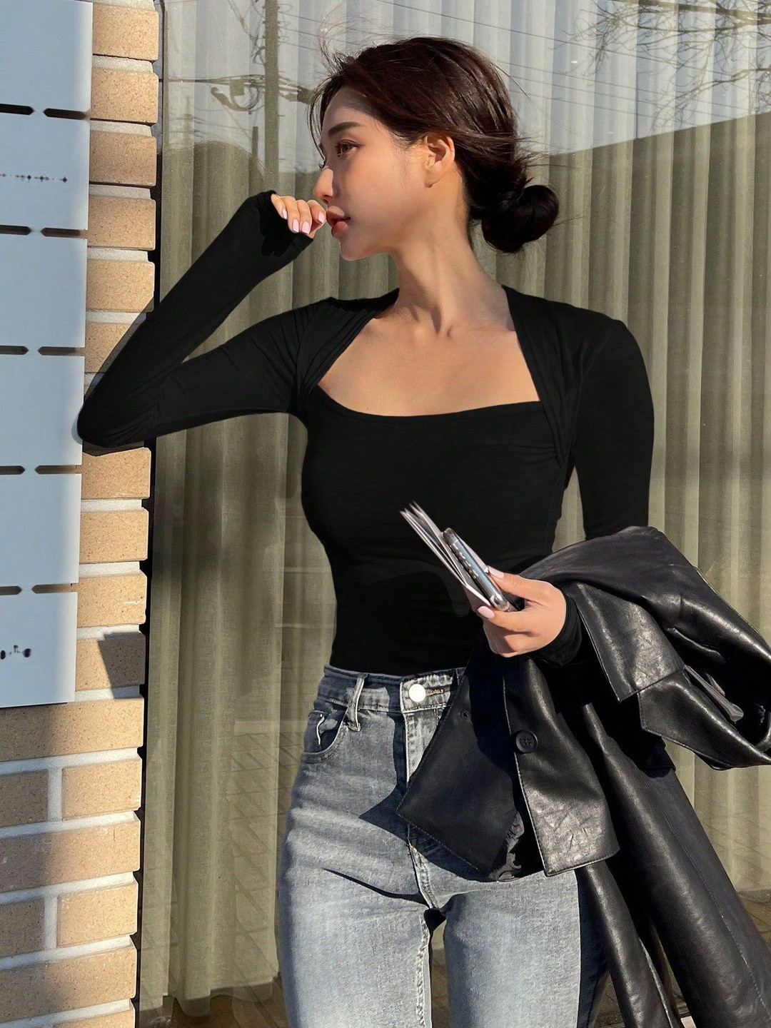 CREZYVEZY Solid Square Neck Long Sleeves Top