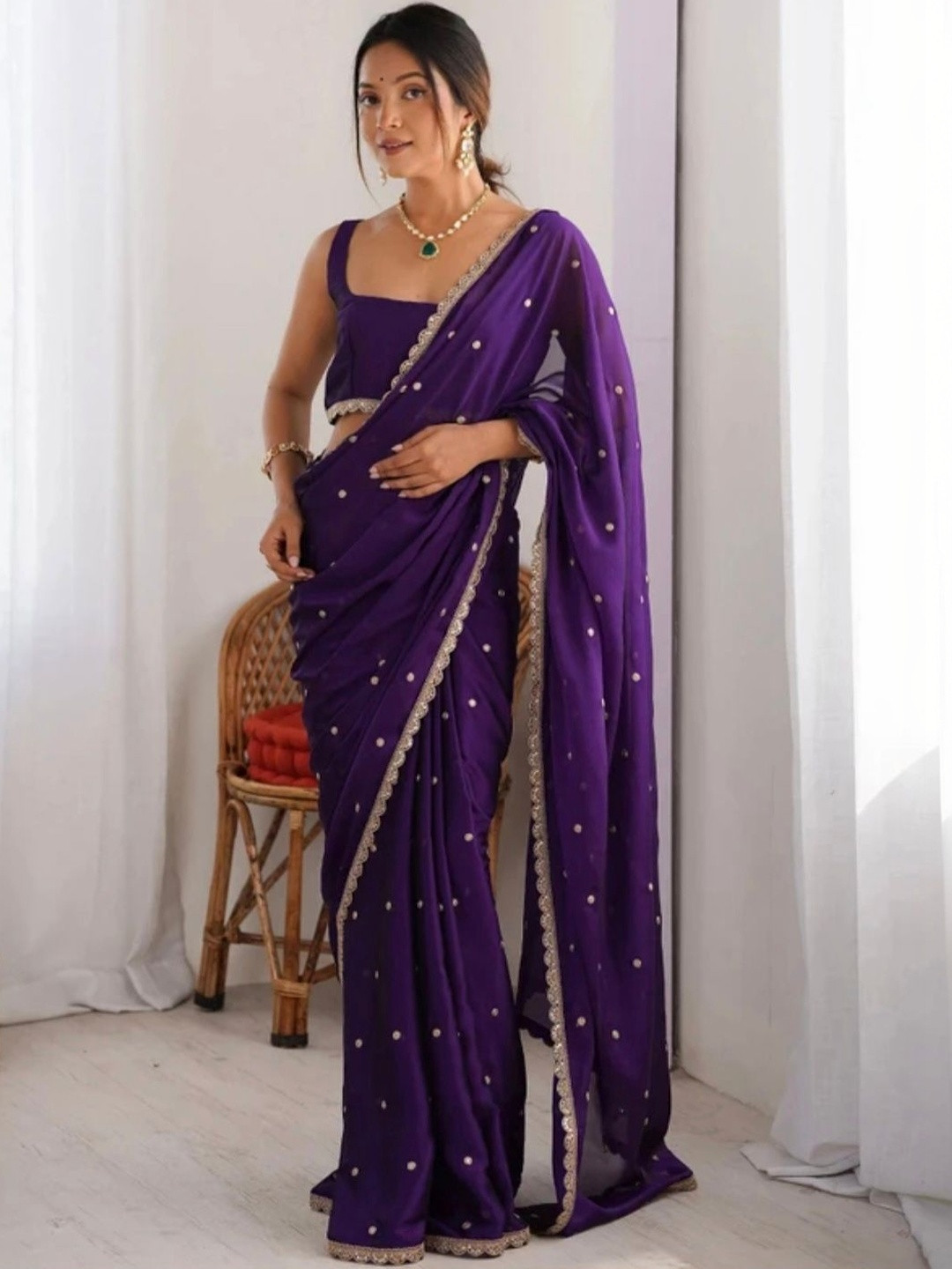 NAVANTIKA Embellished Sequinned Pure Georgette Heavy Work Saree