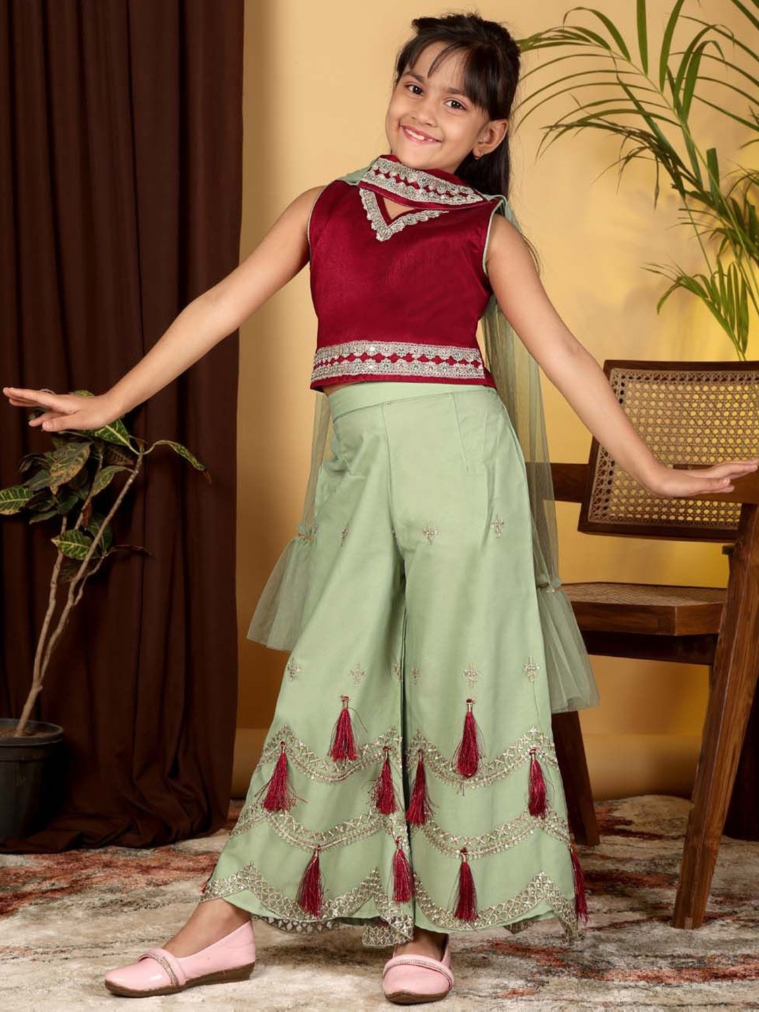 BAESD Girls Embroidered Regular Sequinned Top with Palazzos & With Dupatta