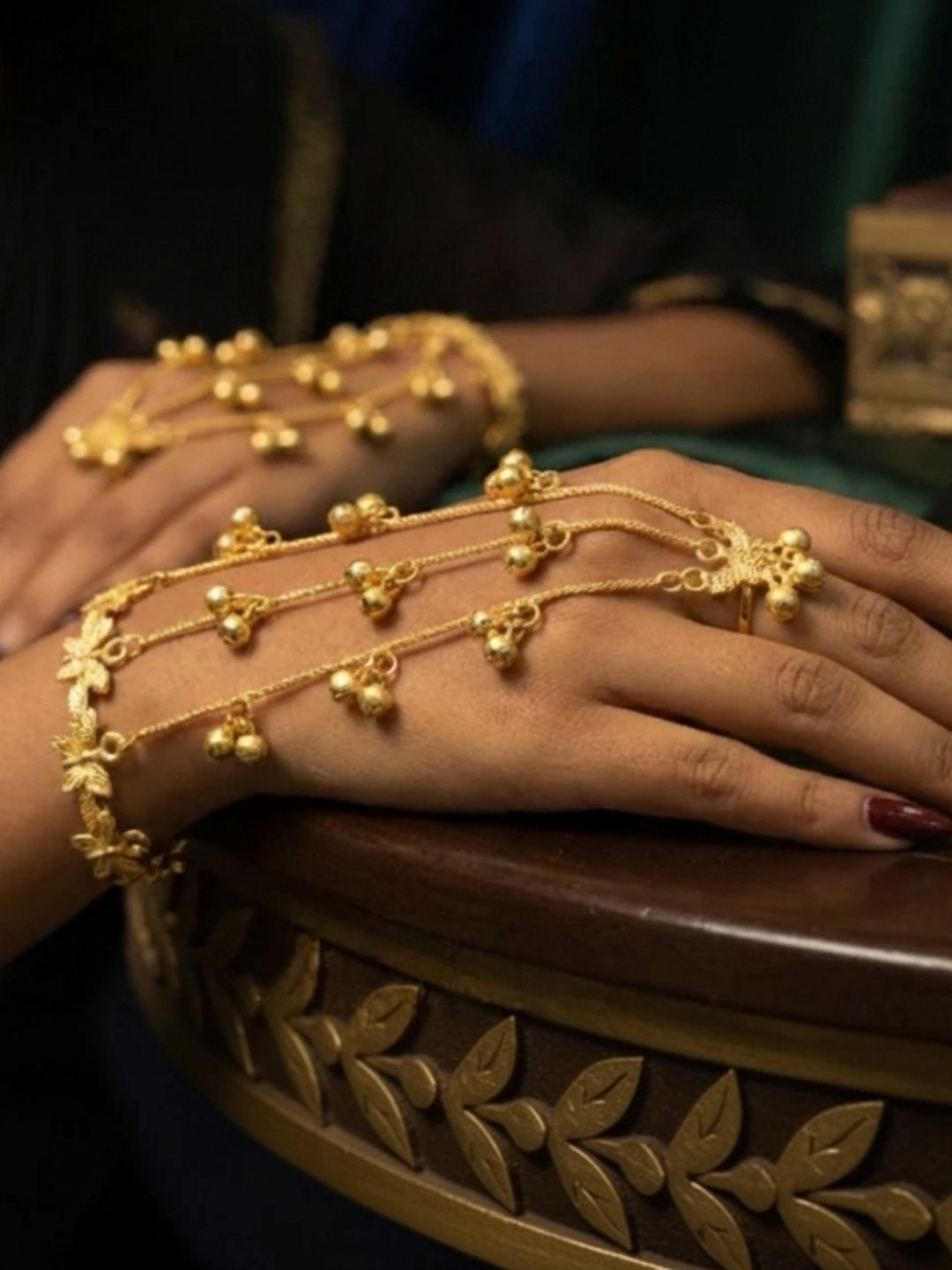 VIVAZS Women Brass Butterfly Antique Gold-Plated Multi Ring Ghungaroo Kashmiri Bracelet