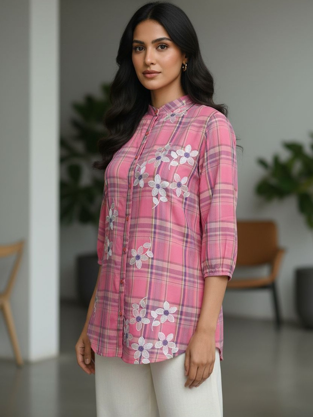 ZHOF Checked Mandarin Collar Cotton Top