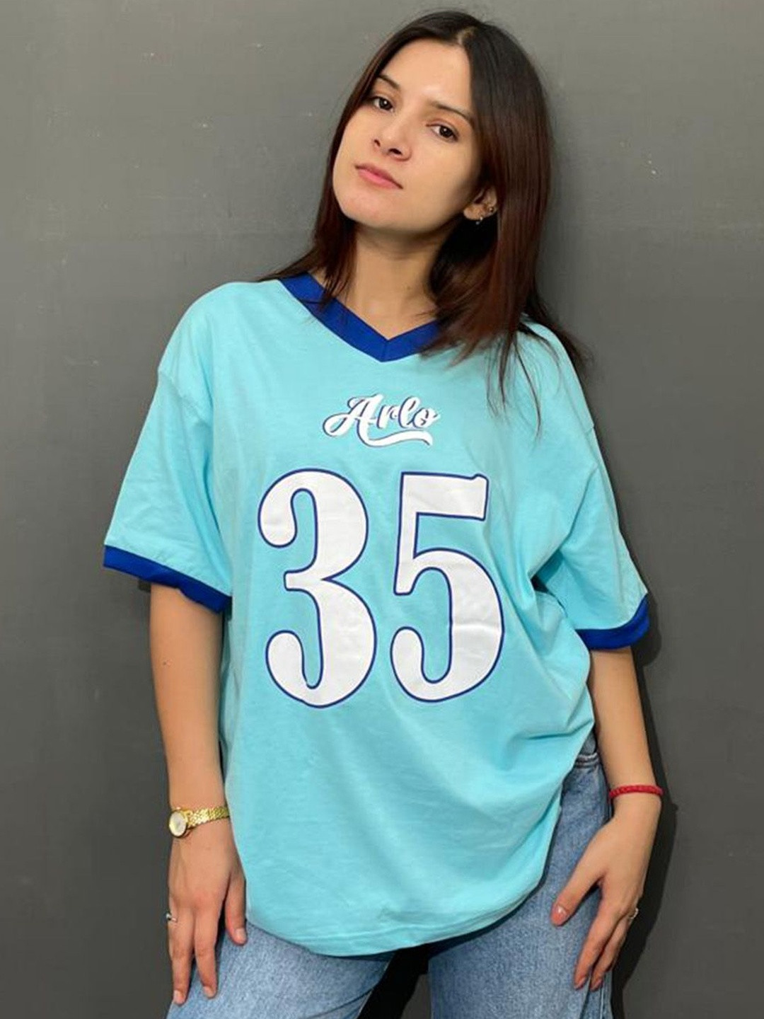 DKY Women Printed V-Neck T-shirt
