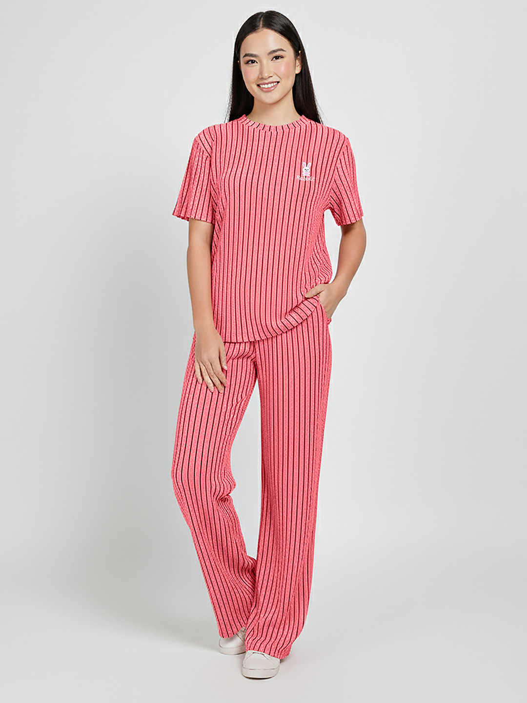 Stem Rope Women Peach Cotton Striped Round Neck Short Sleeves Co-Ord Set