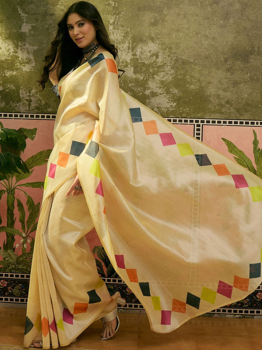 Sangria Women Zari Printed Linen Blend Ready to Wear Saree