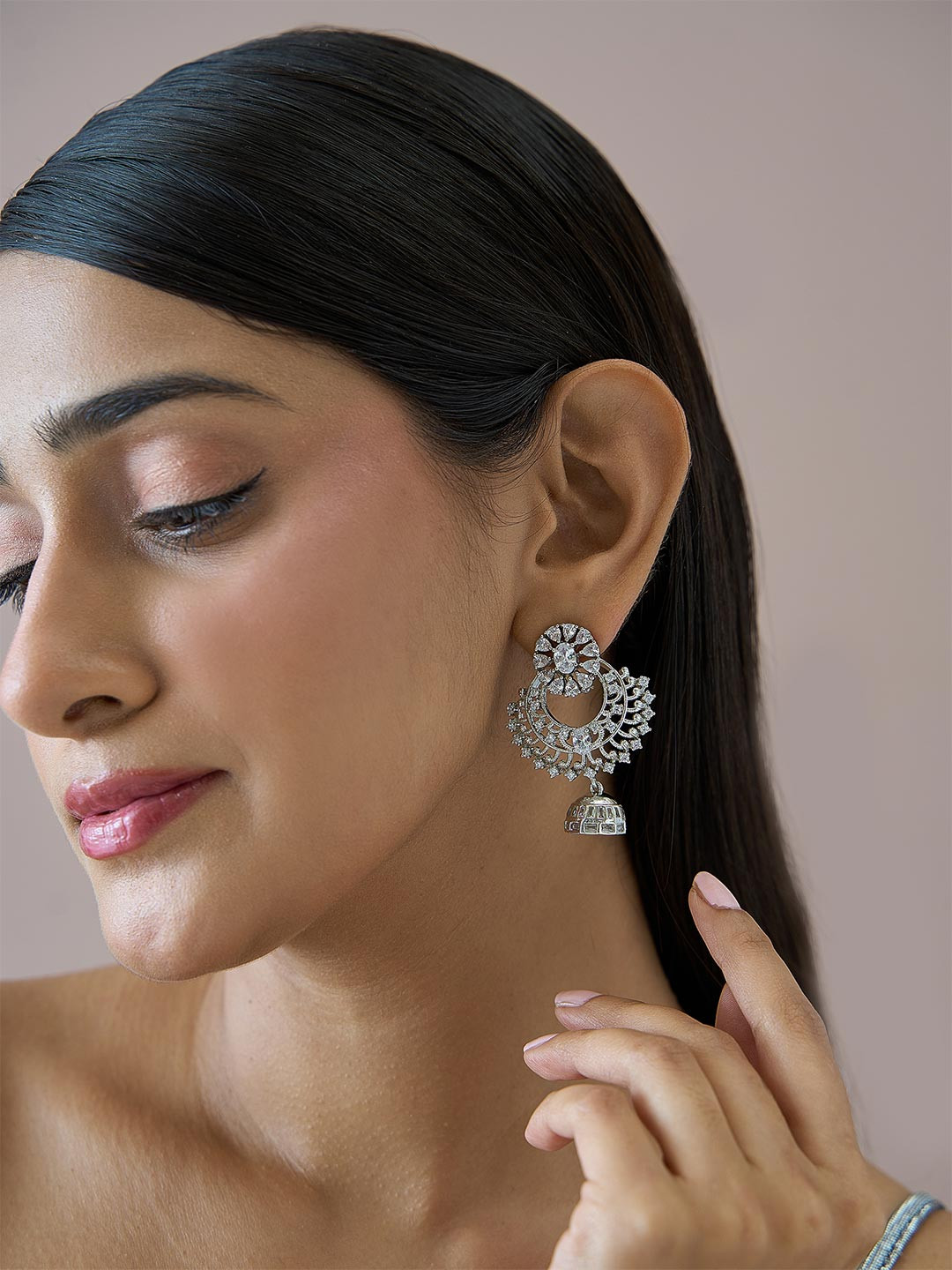 Fida 14k Rhodium-Plated AAA American Diamond Studded Jhumkas
