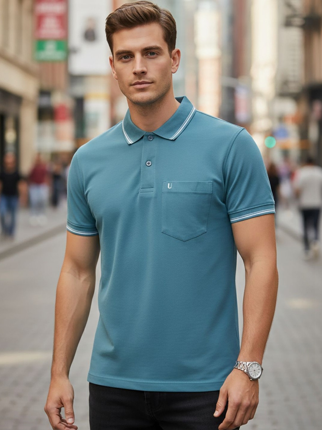 UNIBERRY Men Polo Collar Pockets T-shirt