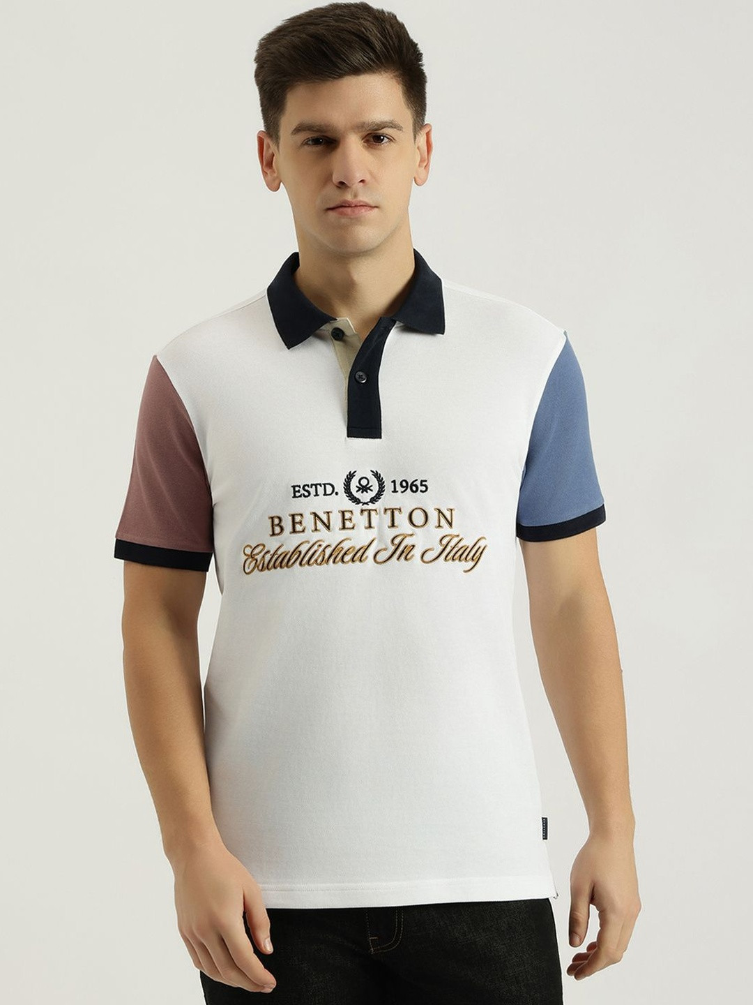 United Colors of Benetton Men Brand Logo Colourblocked Polo Collar Pure Cotton T-shirt