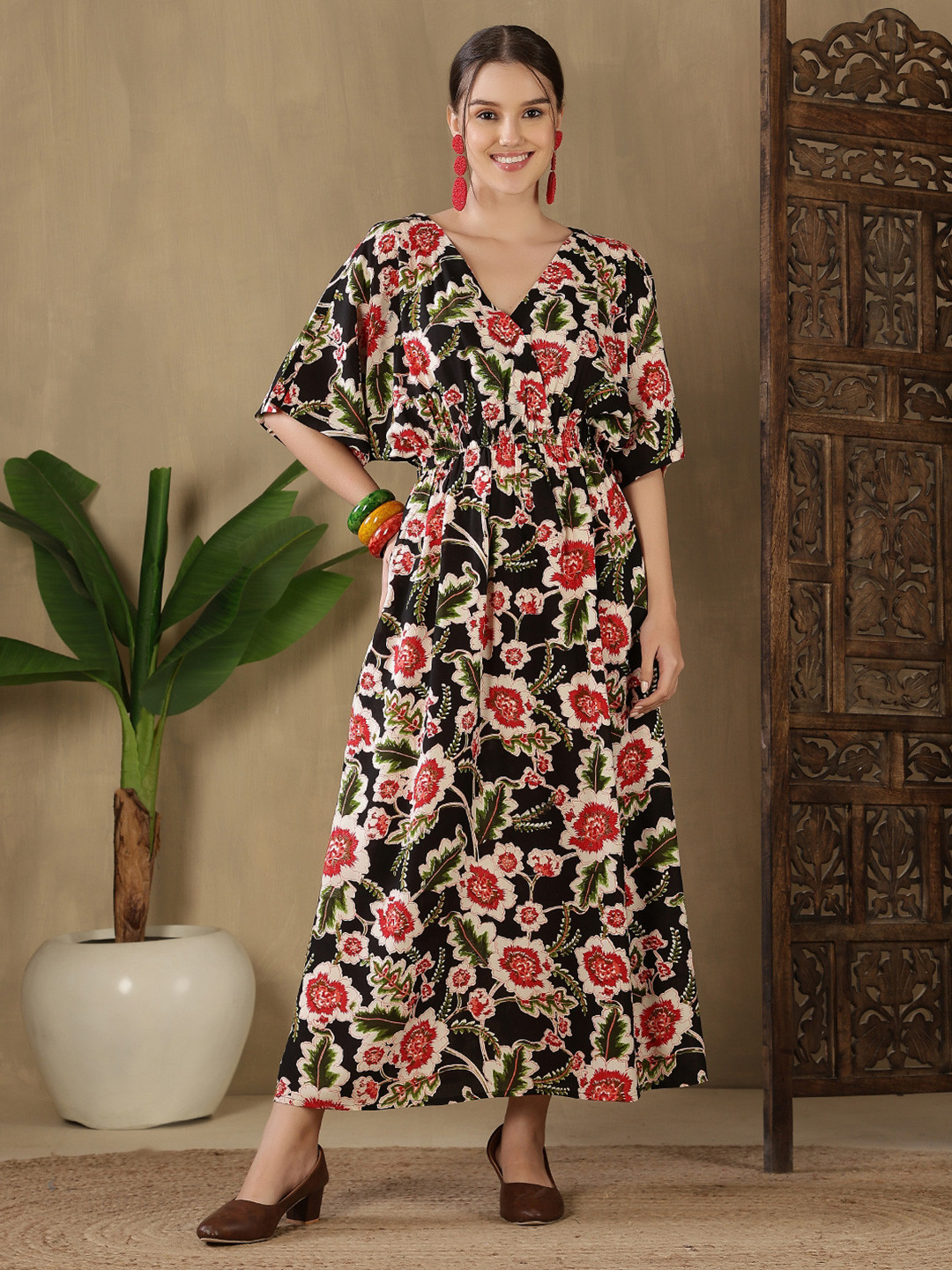 GUDWEARS Floral Print Batwing Sleeve Midi Dress