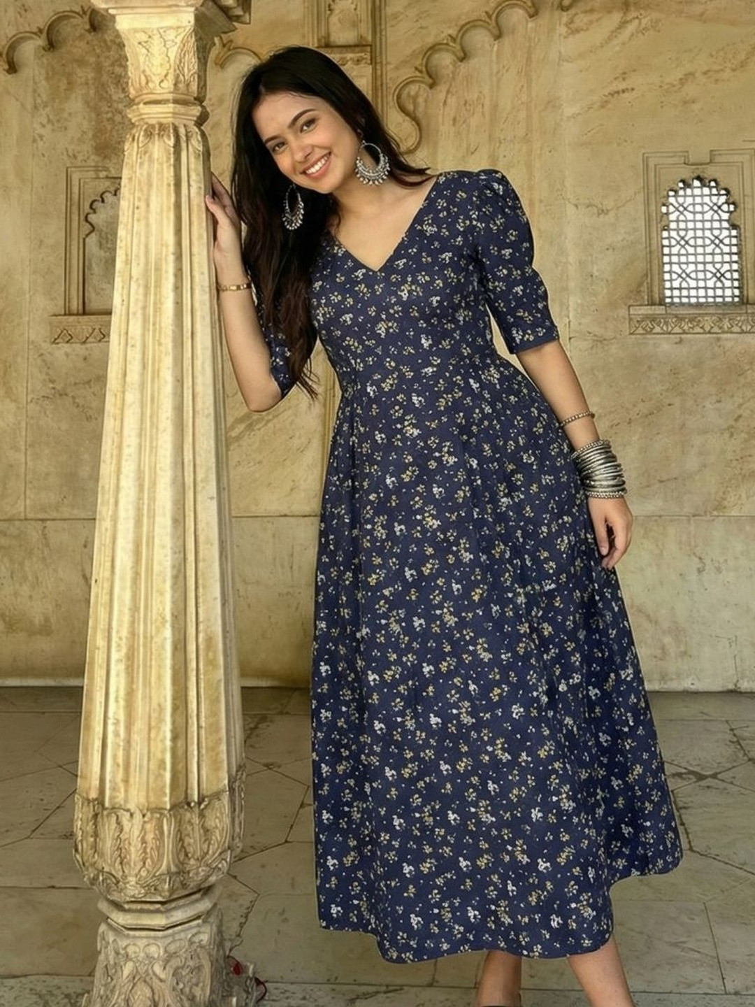 DHAKRE FASHION Floral Print Fit & Flare Midi Dress