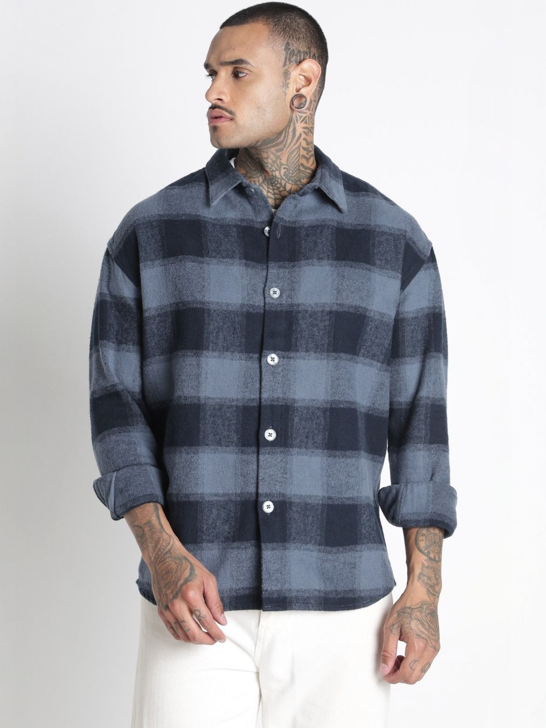 Blu MNKY Men Classic Buffalo Checks Checked Casual Shirt