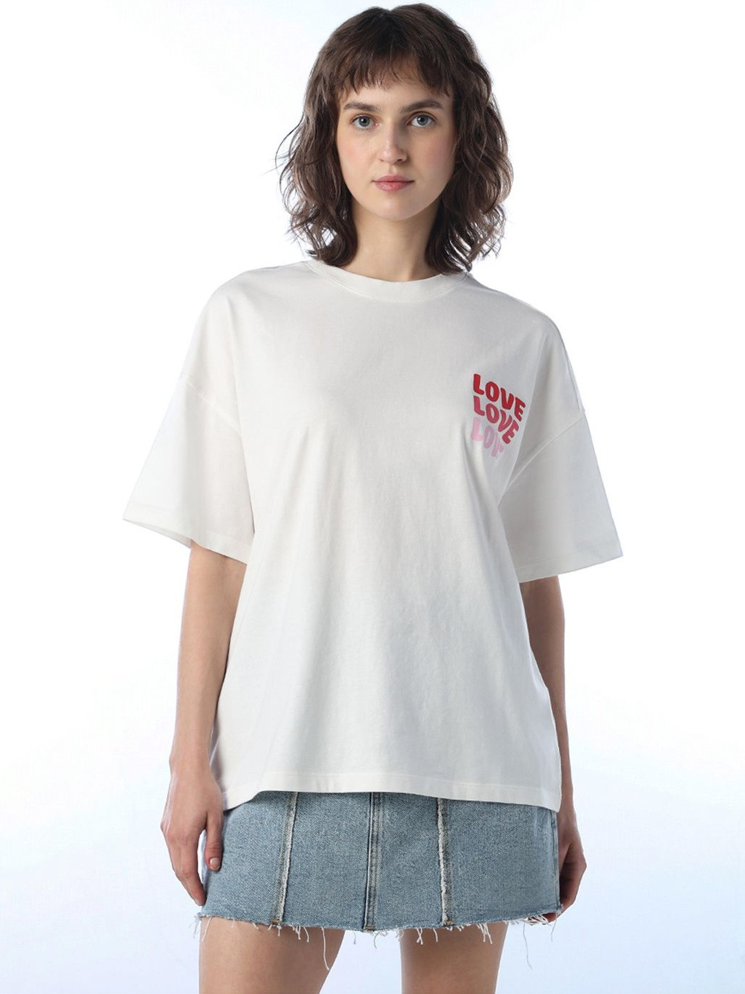 ONLY Women Typography Printed Drop-Shoulder Sleeves T-shirt
