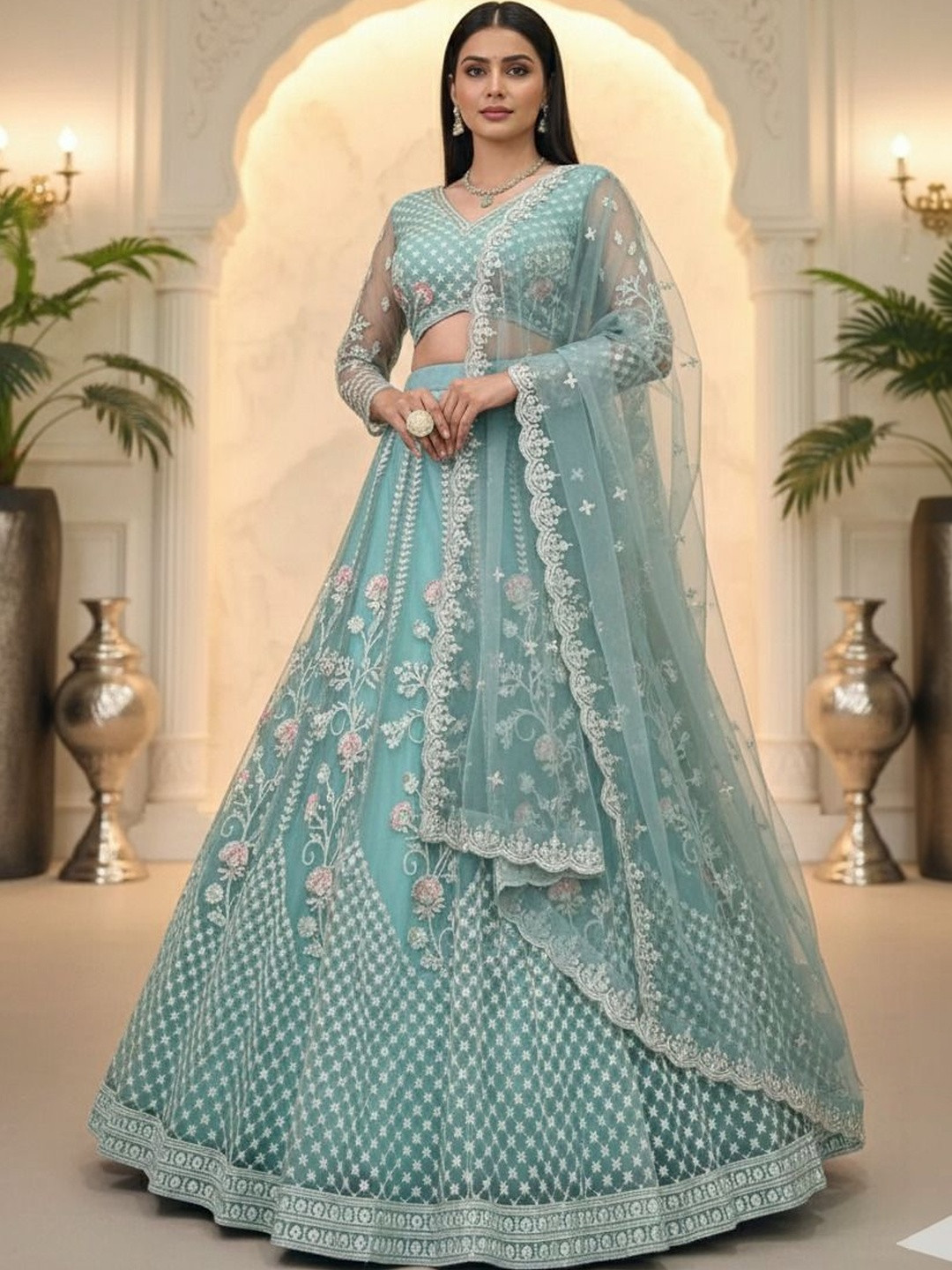 UDBHAV EXPORT Embroidered Thread Work Semi-Stitched Lehenga & Blouse With Dupatta