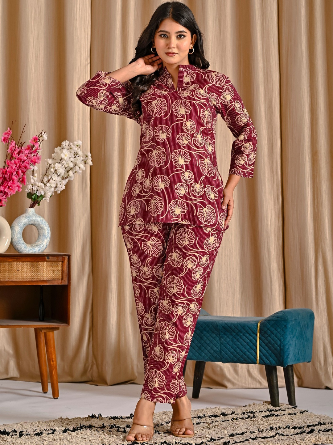 TROPWEAR Printed Mandarin Collar Top & Palazzos Co-Ords