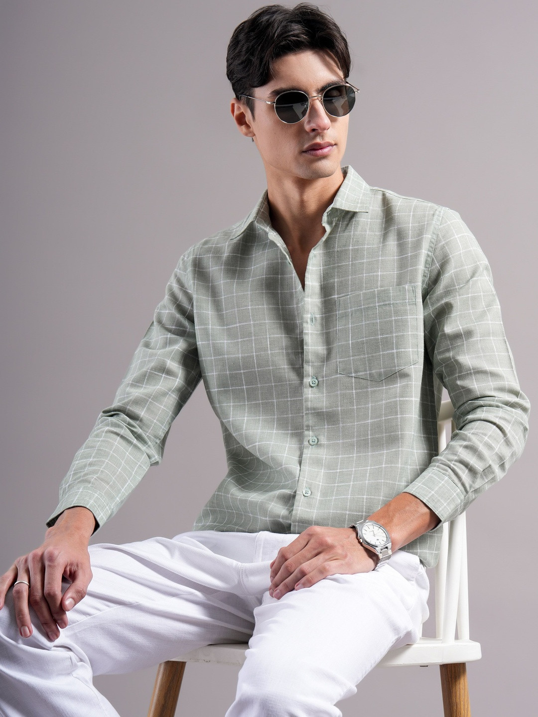 British Club Men Smart Slim Fit Windowpane Checks Checked Casual Shirt