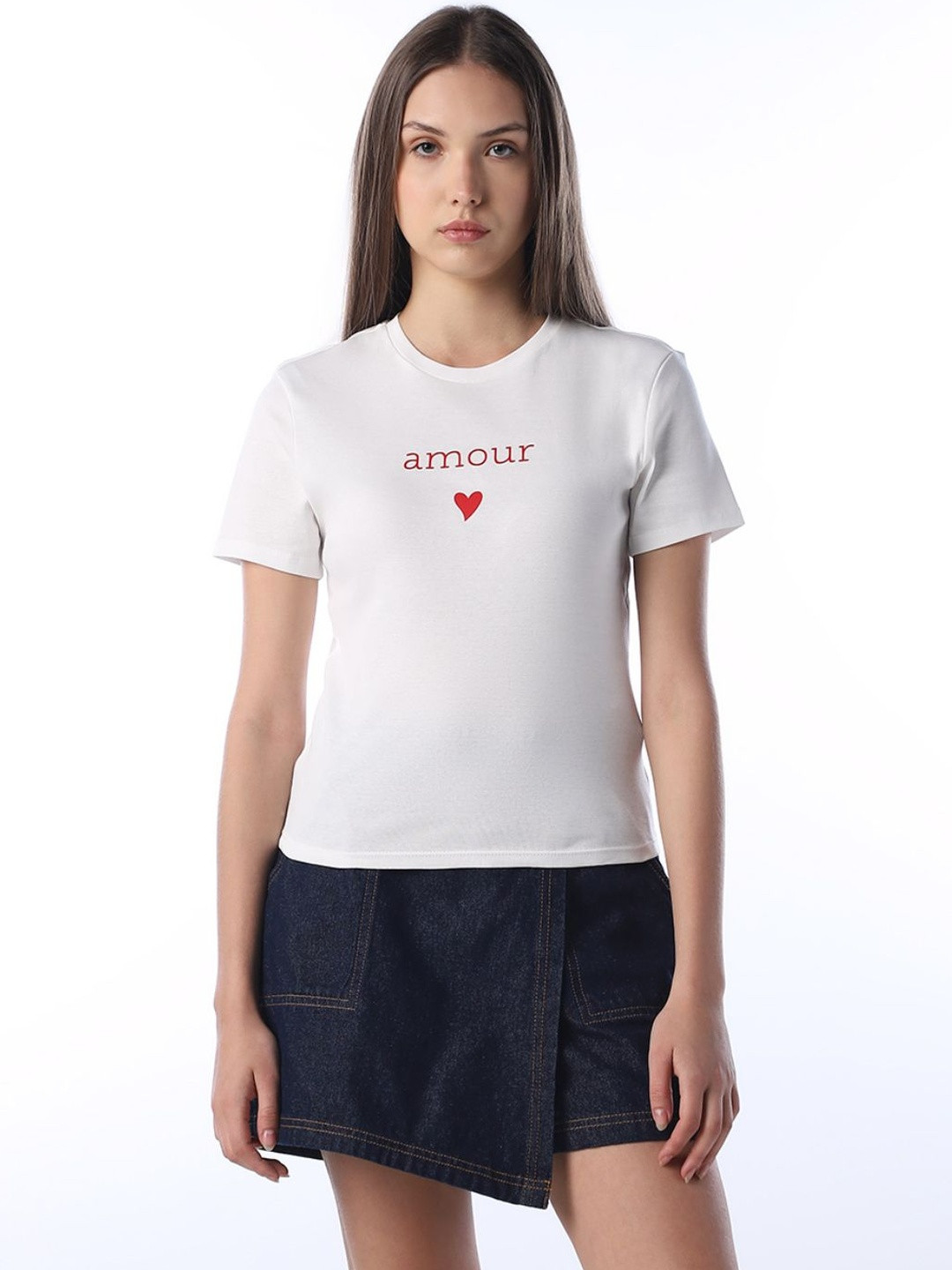 ONLY Women Typography Printed Organic Cotton Slim Fit T-shirt