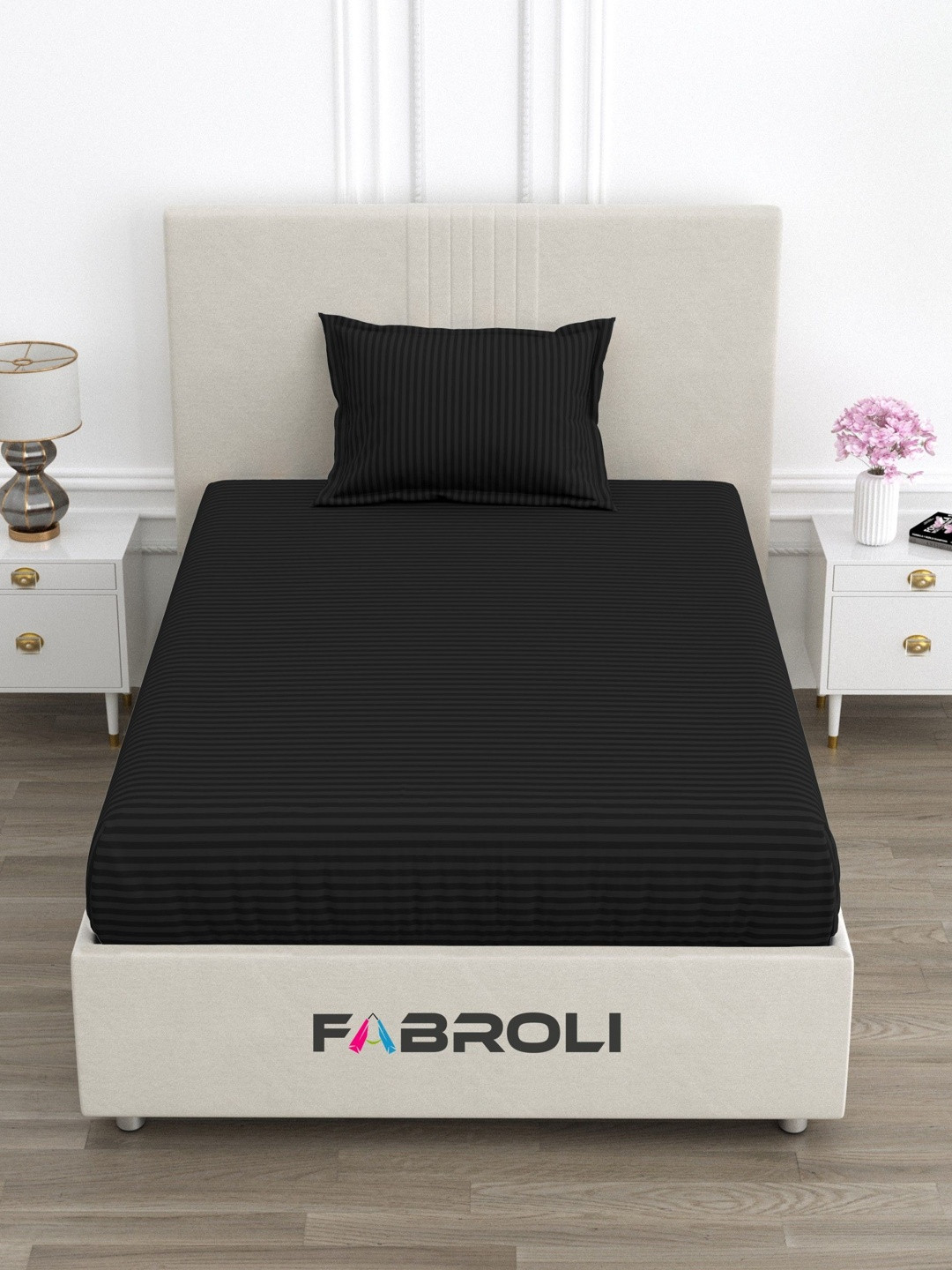 FABROLI Black Striped 300 TC Single Bedsheet with 1 Pillow Covers
