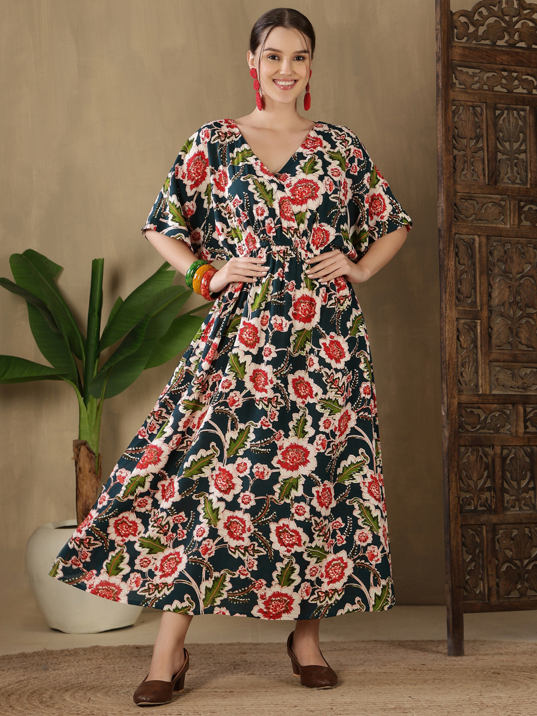 GUDWEARS Floral Print Kimono Sleeve Fit & Flare Midi Dress