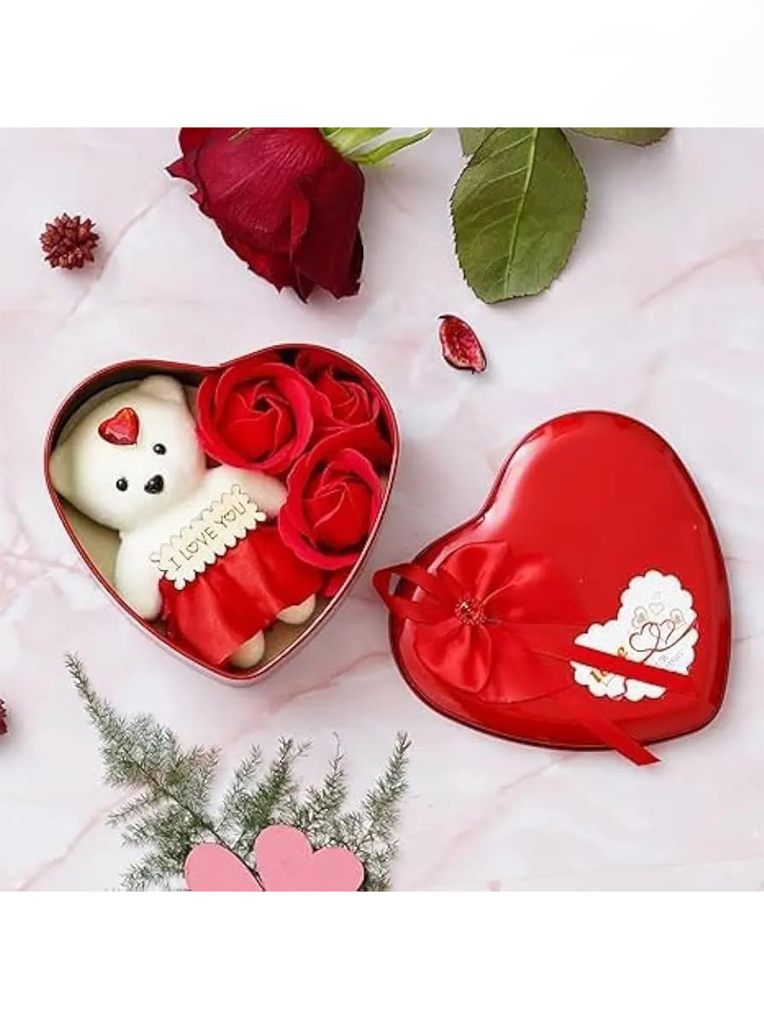 CraftVatika Red Heart Shape Gift Box With Teddy & Rose