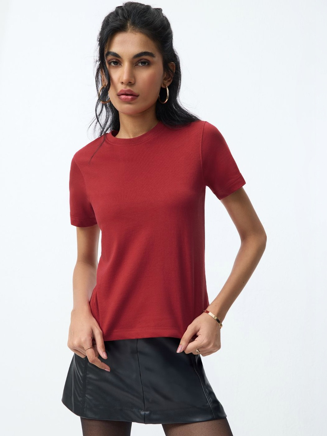 The Souled Store Women Regular Fit Solid Red T-Shirts