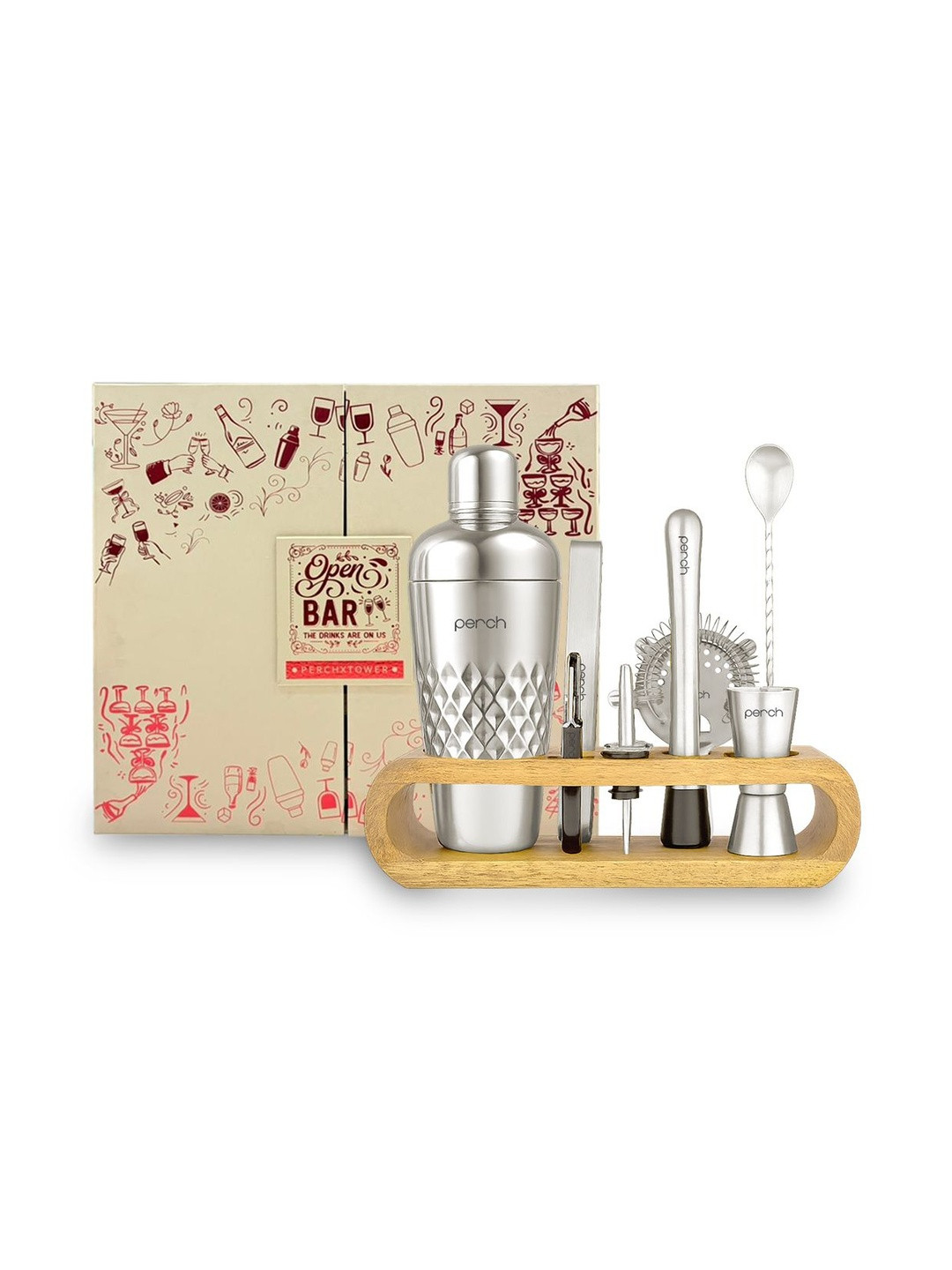 PERCH Silver-Toned Set of 4 and above Stainless Steel Barware Tool Sets