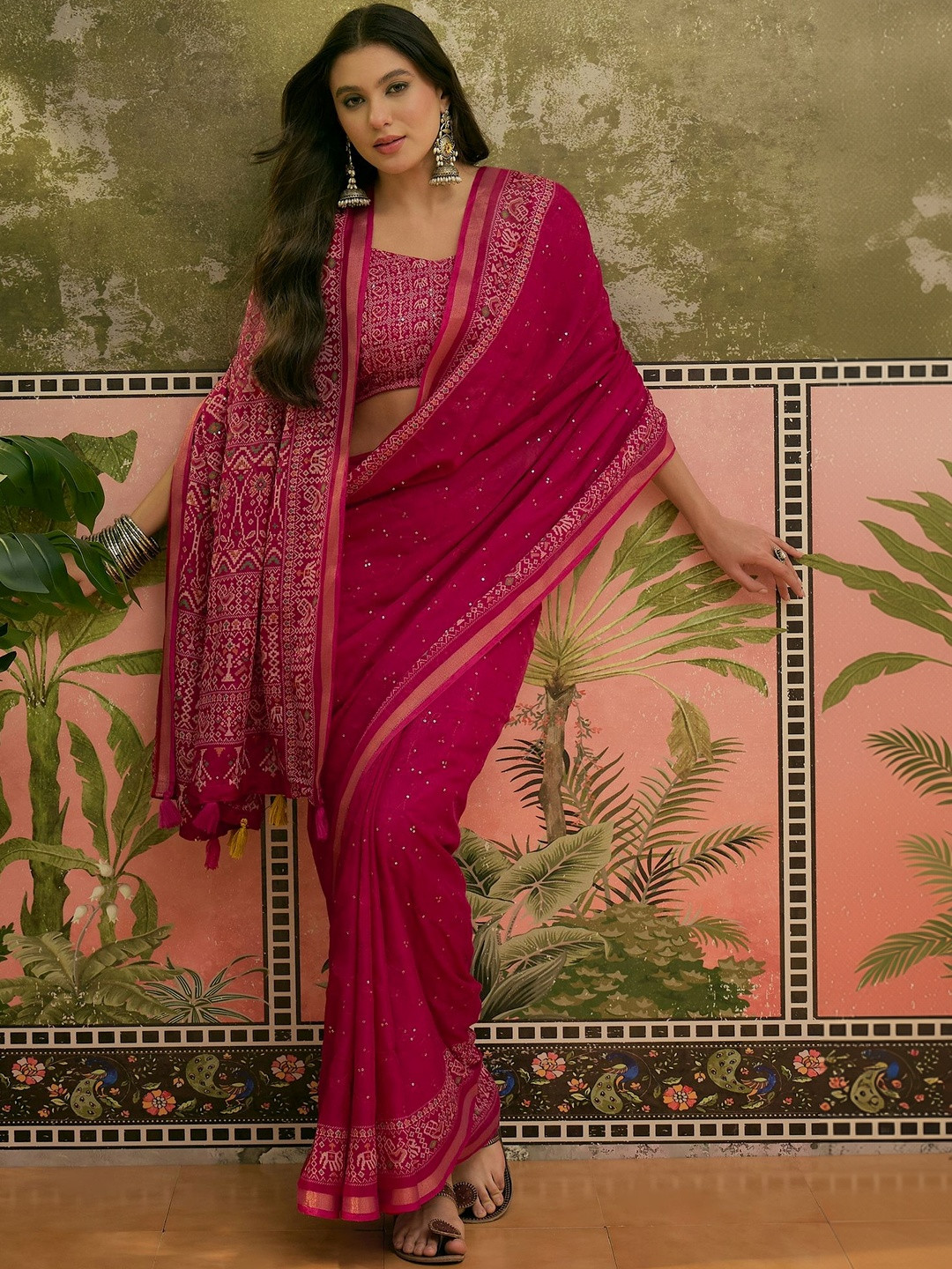 Sangria Mul Cotton Ajrakh Print Sequence Work Saree