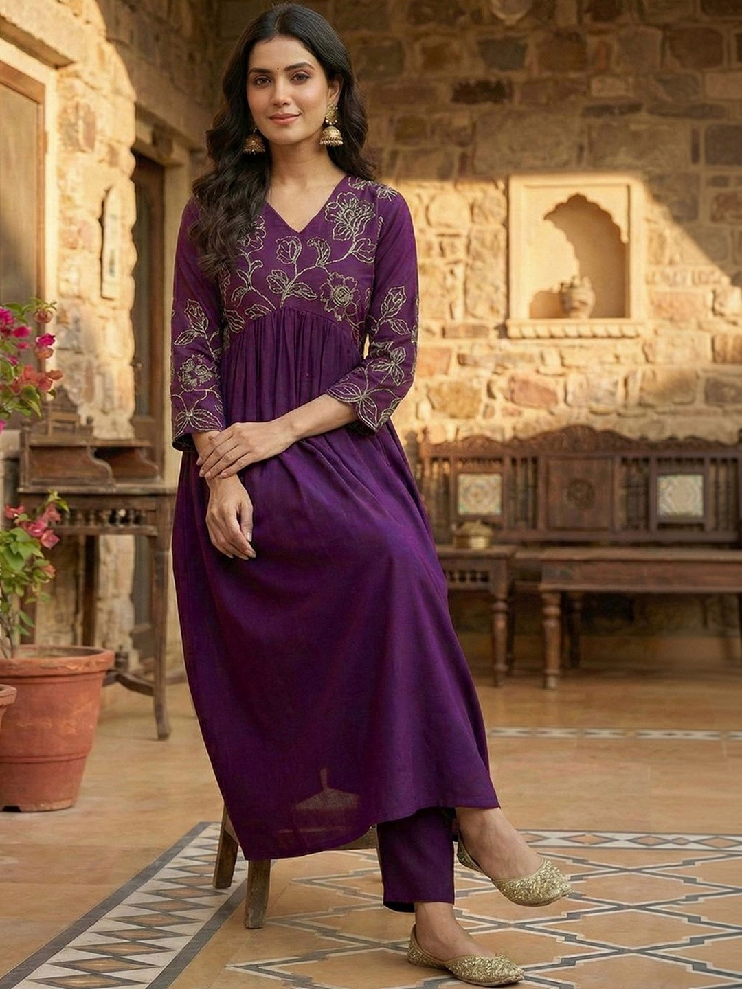Sangria Women Floral Embroidered Pleated Sequinned Kurta with Palazzos