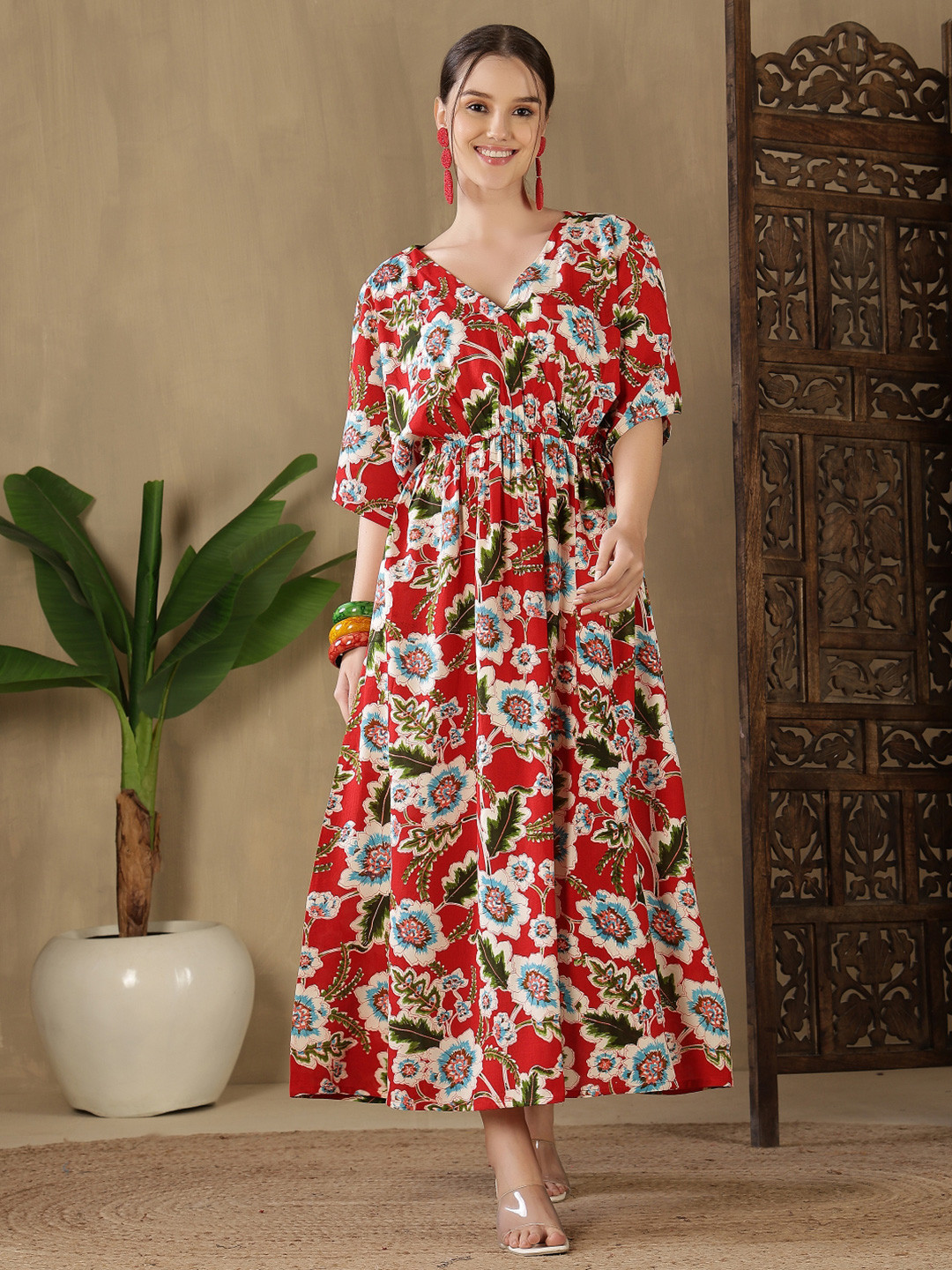 GUDWEARS Floral Print Batwing Sleeve Kaftan Maxi Dress