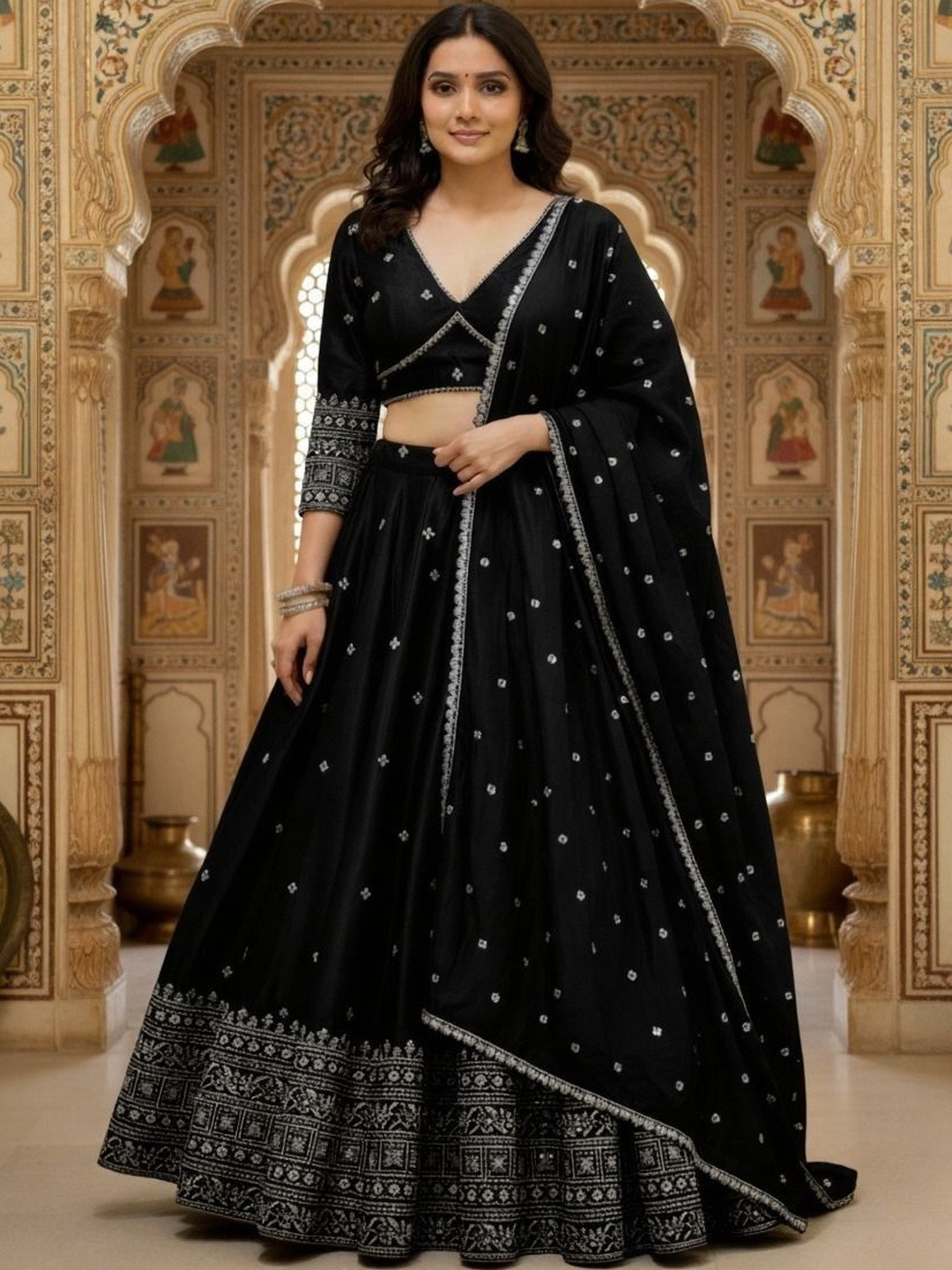 REELOVE FACTORY Embroidered Thread Work Semi-Stitched Lehenga & Blouse With Dupatta