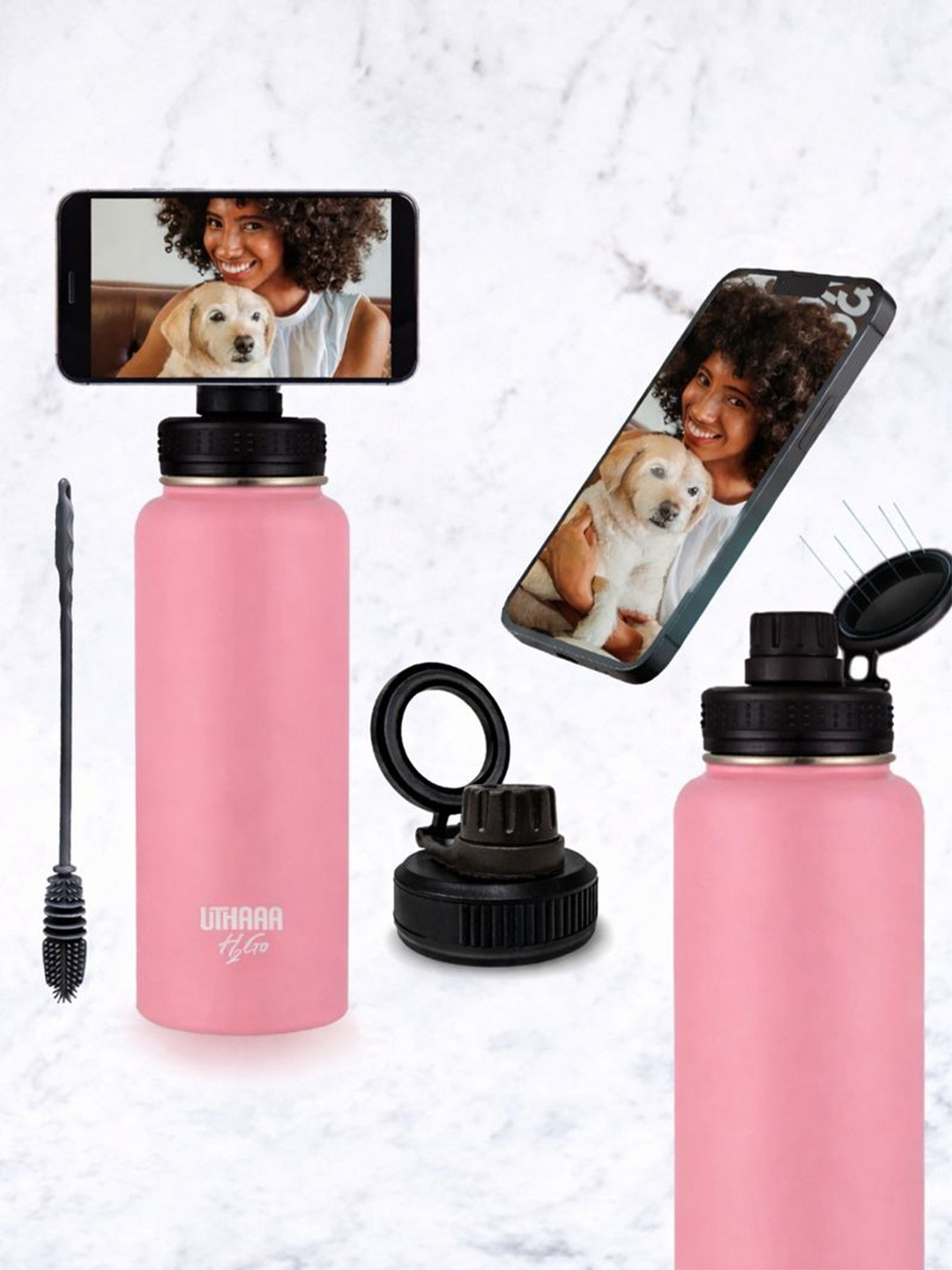 Uthaaa H2Go Cotton Candy Pink Vacuum Insulated Bottle with Magnetic Holder 950 ml