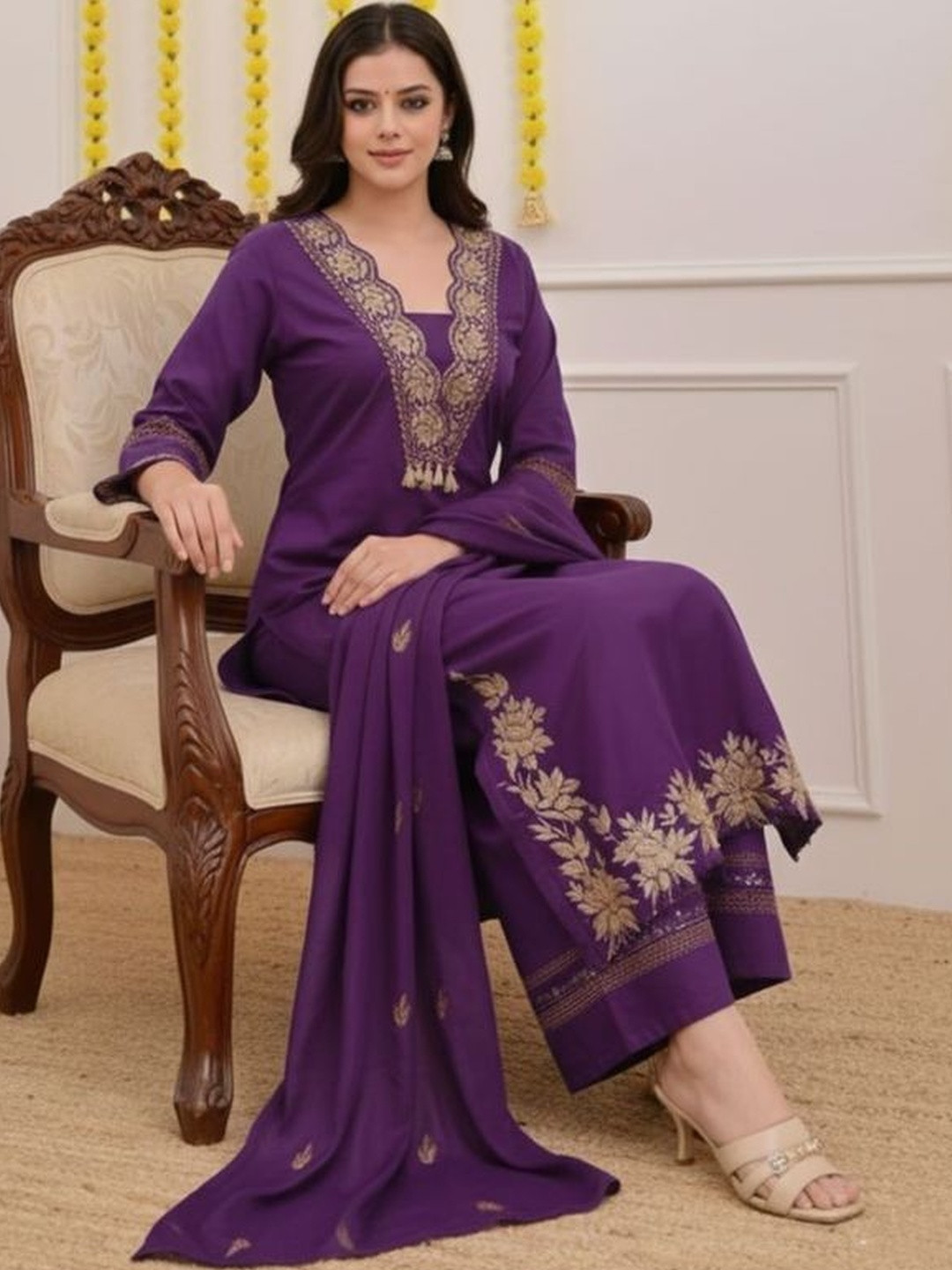 MYRIE Women Ethnic Motifs Embroidered Regular Thread Work Chanderi Cotton Kurta with Palazzos & With Dupatta