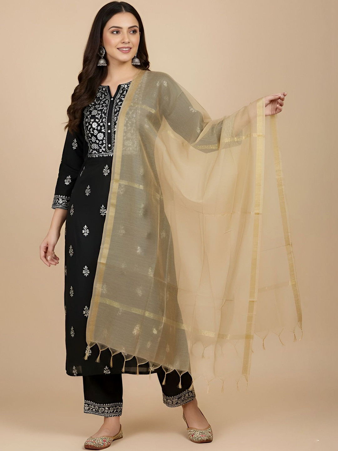 MUFFLY Ethnic Motifs Woven Design Dupatta with Zari