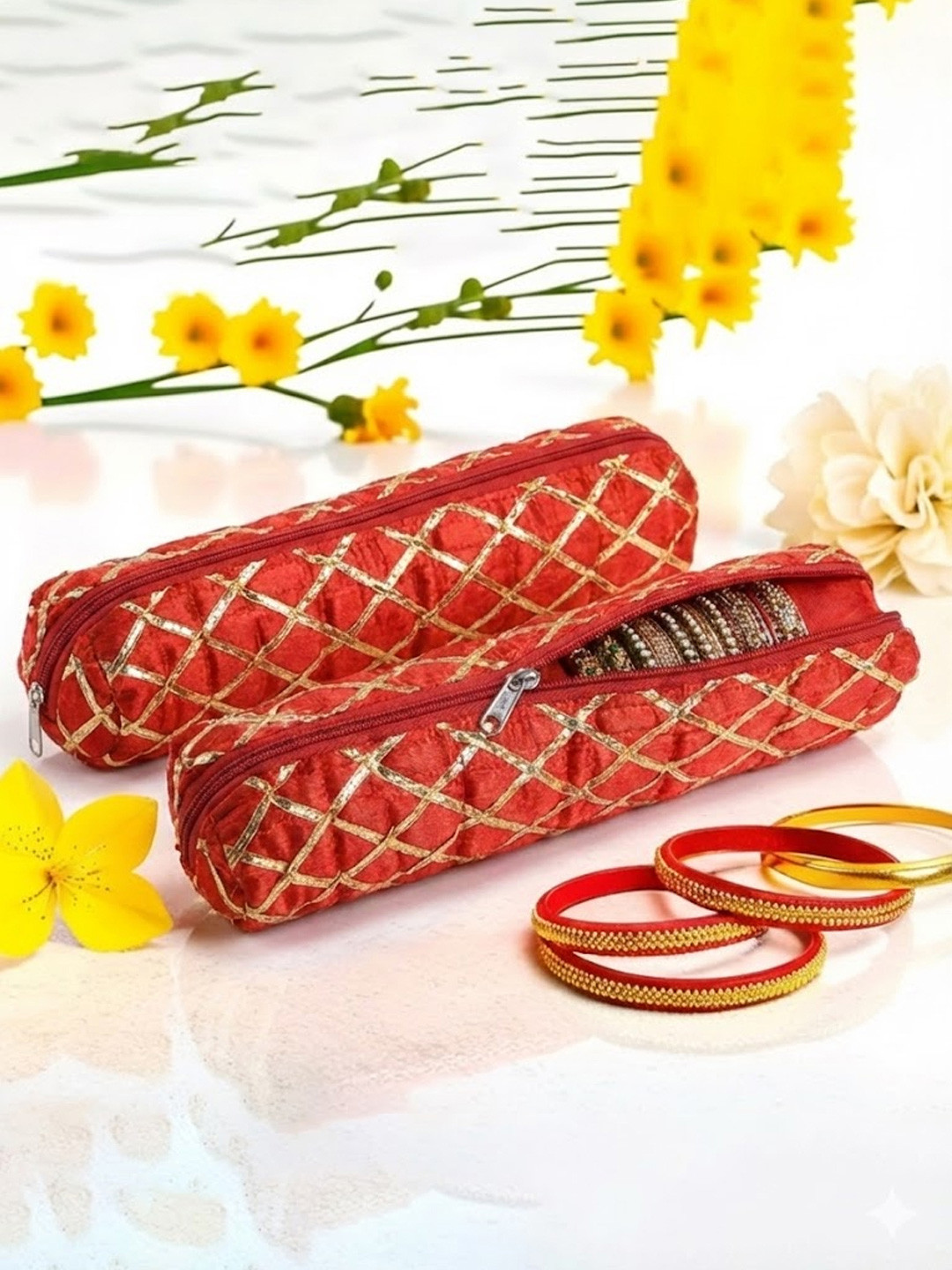 Kuber Industries Red & Gold Toned 2 Pieces Printed Single Rod Bangle Boxes