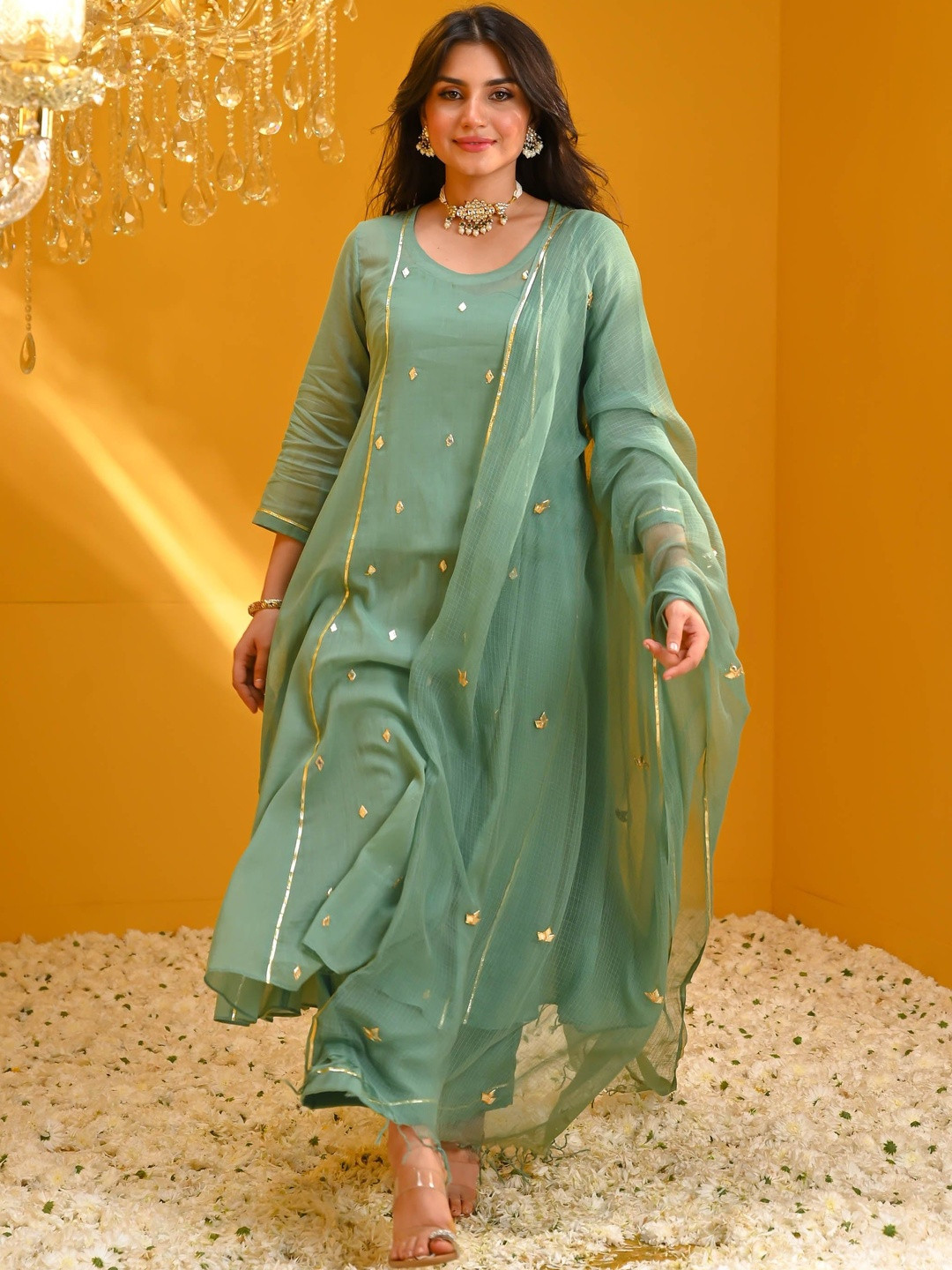 SURUKH Women Ethnic Motifs Dyed Regular Gotta Patti Pure Cotton Kurta with Trousers & With Dupatta