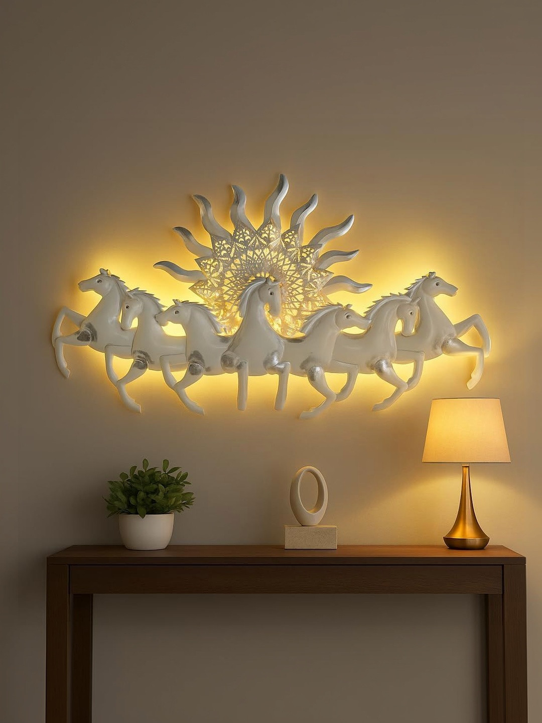 ANSHIKA INTERNATIONAL Silver-colored and White Horse wIth Sunsrise Metal Wall Hangings