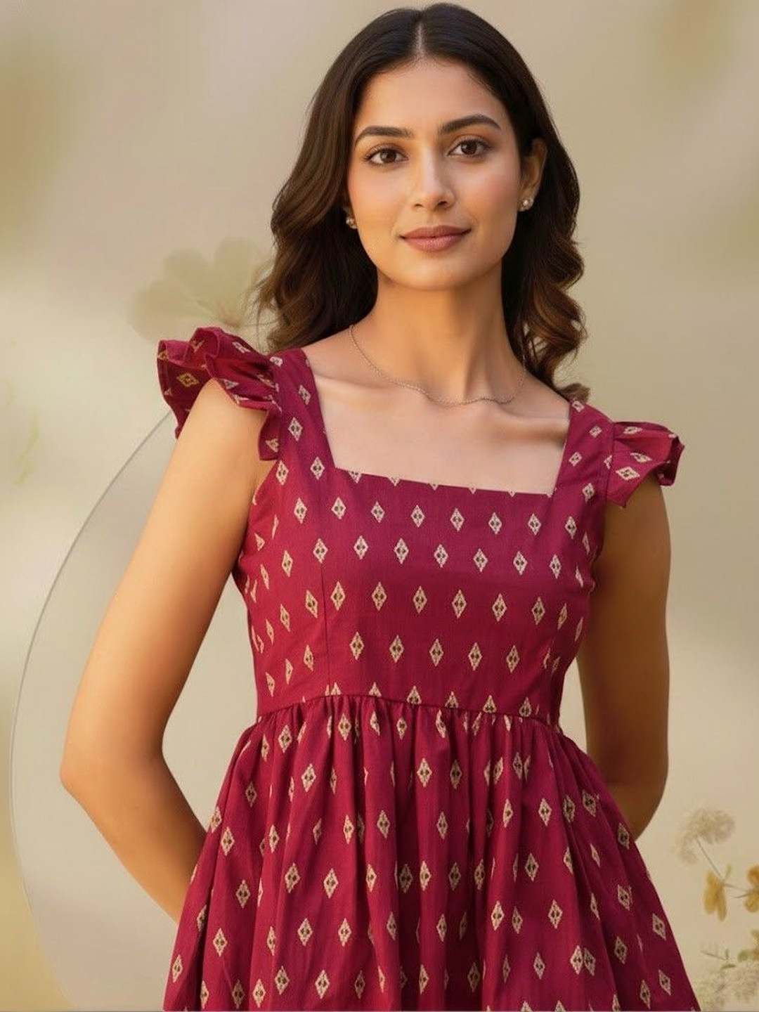 GULMEHAK Geometric Print Flutter Sleeve Cotton Peplum Top