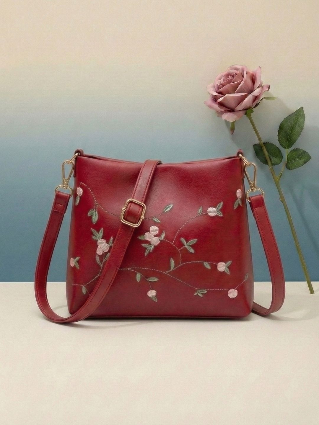 LIKE STYLE Floral Embroidered Structured Sling Bag