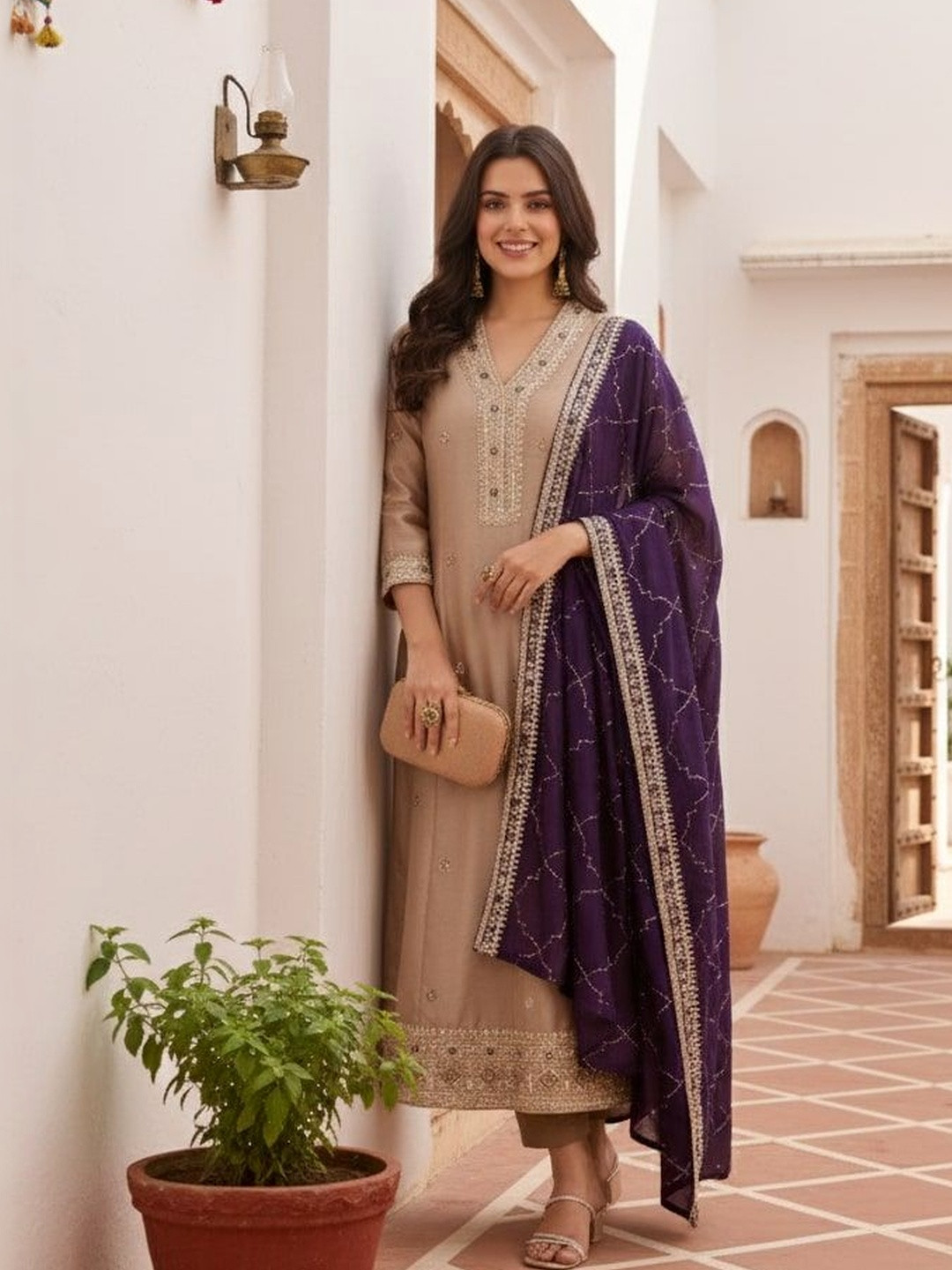 all about you Women Ethnic Motifs Embroidered Panelled Thread Work Kurta with Trousers & With Dupatta