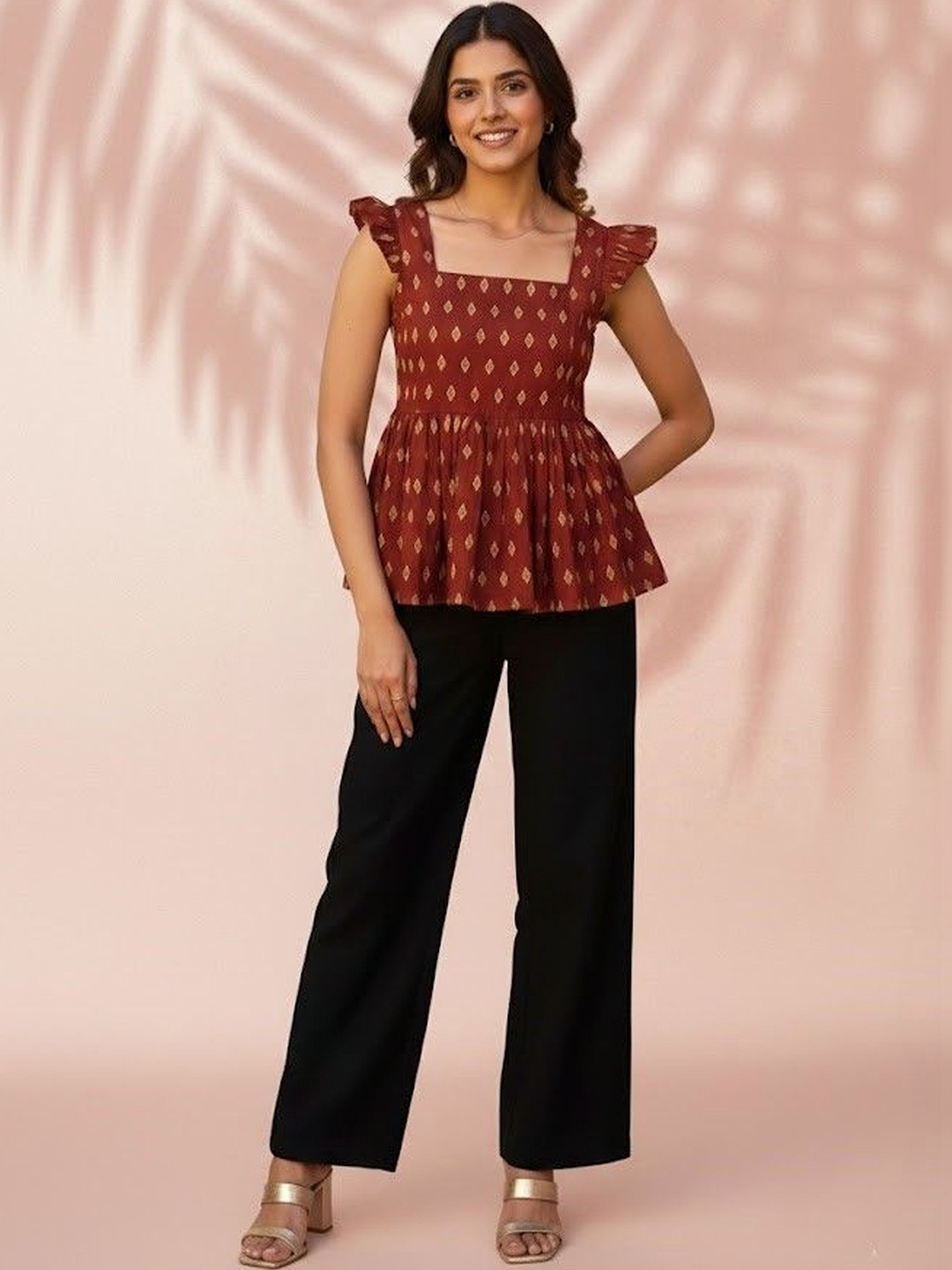 GULMEHAK Geometric Print Flutter Sleeve Cotton Peplum Top