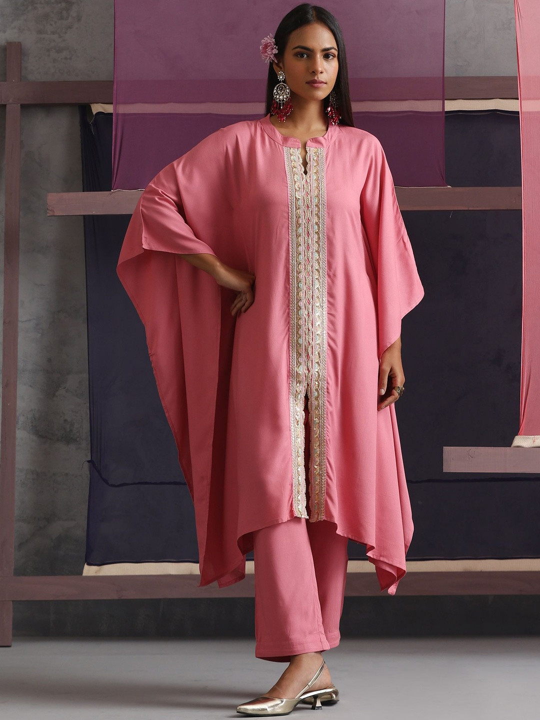 Khushal K Embellished Round Neck Tunic With Trousers Co-Ords
