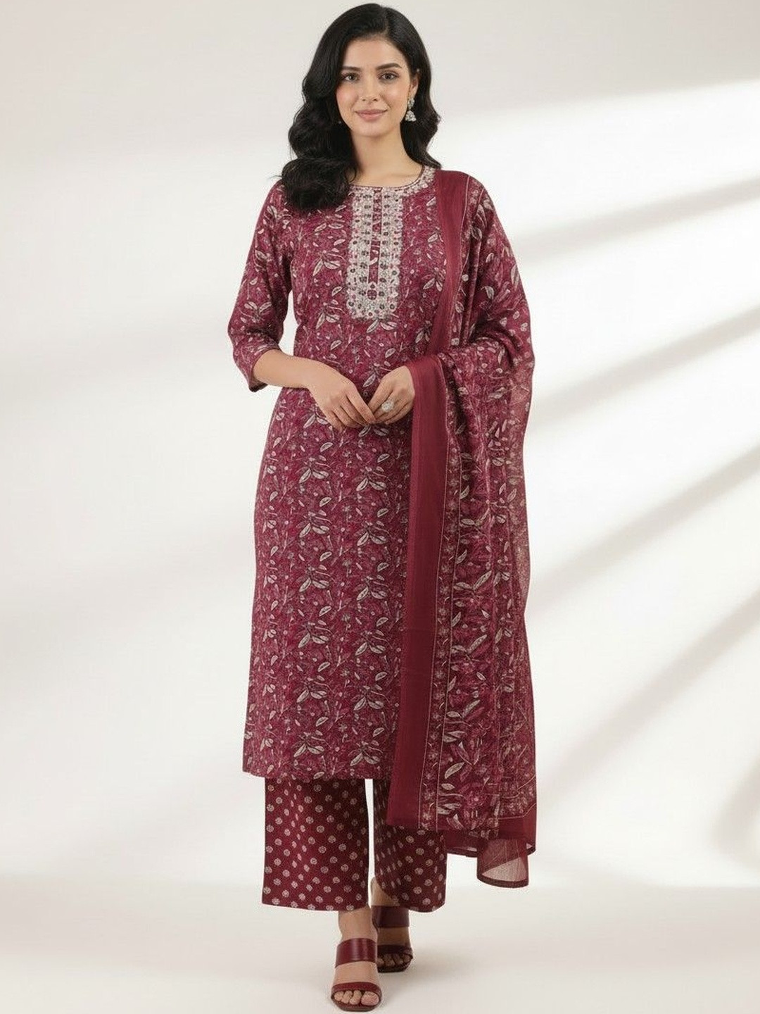 Kirrin Women Floral Printed Regular Thread Work Pure Cotton Kurta with Palazzos & With Dupatta
