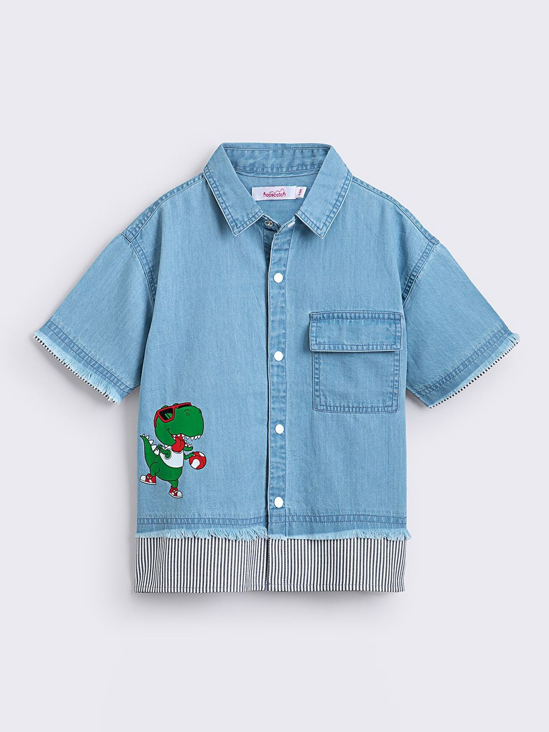 Hopscotch Dino Denim Graphic Cotton Short Sleeves Shirt