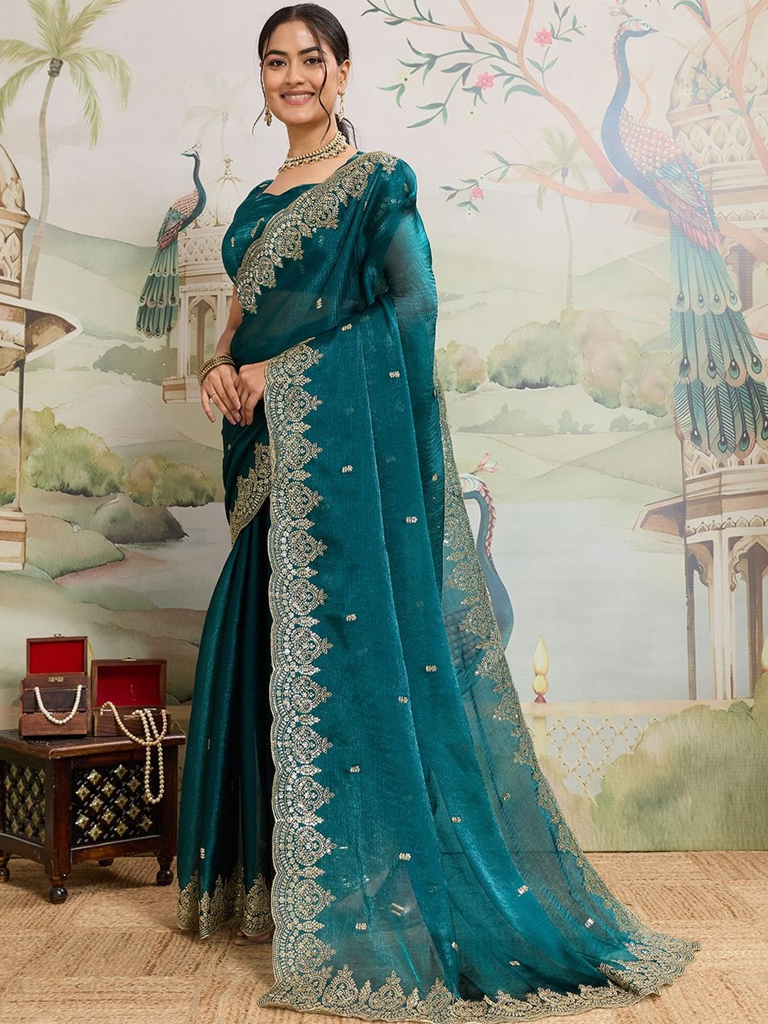 HERE&NOW Embellished Embroidered Organza Heavy Work Saree