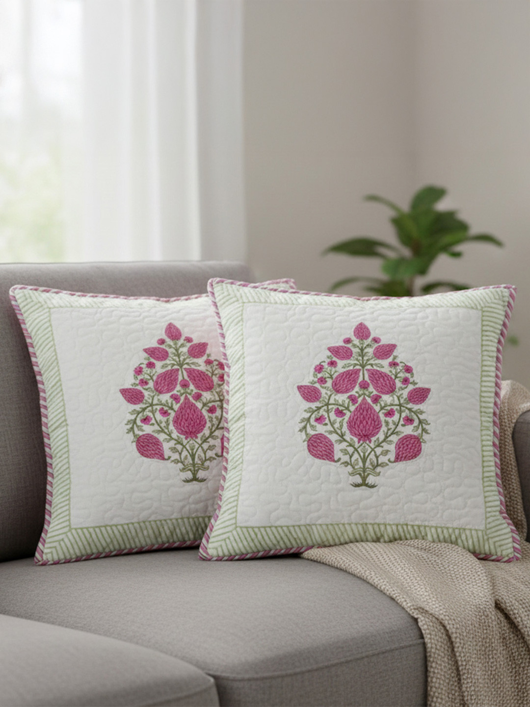 HOMEMONDE White Hand Block Print Cotton Lightweight 2 Pcs Patchwork Floral Cushion Cover