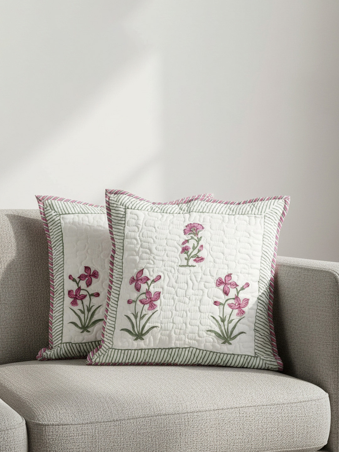 HOMEMONDE Hand Block White & Pink Set of 2 Floral Square Cushion Covers