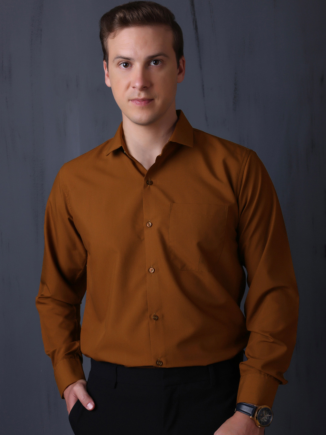 FILO HEVIS Men Classic Spread Collar Solid Cotton Formal Shirt